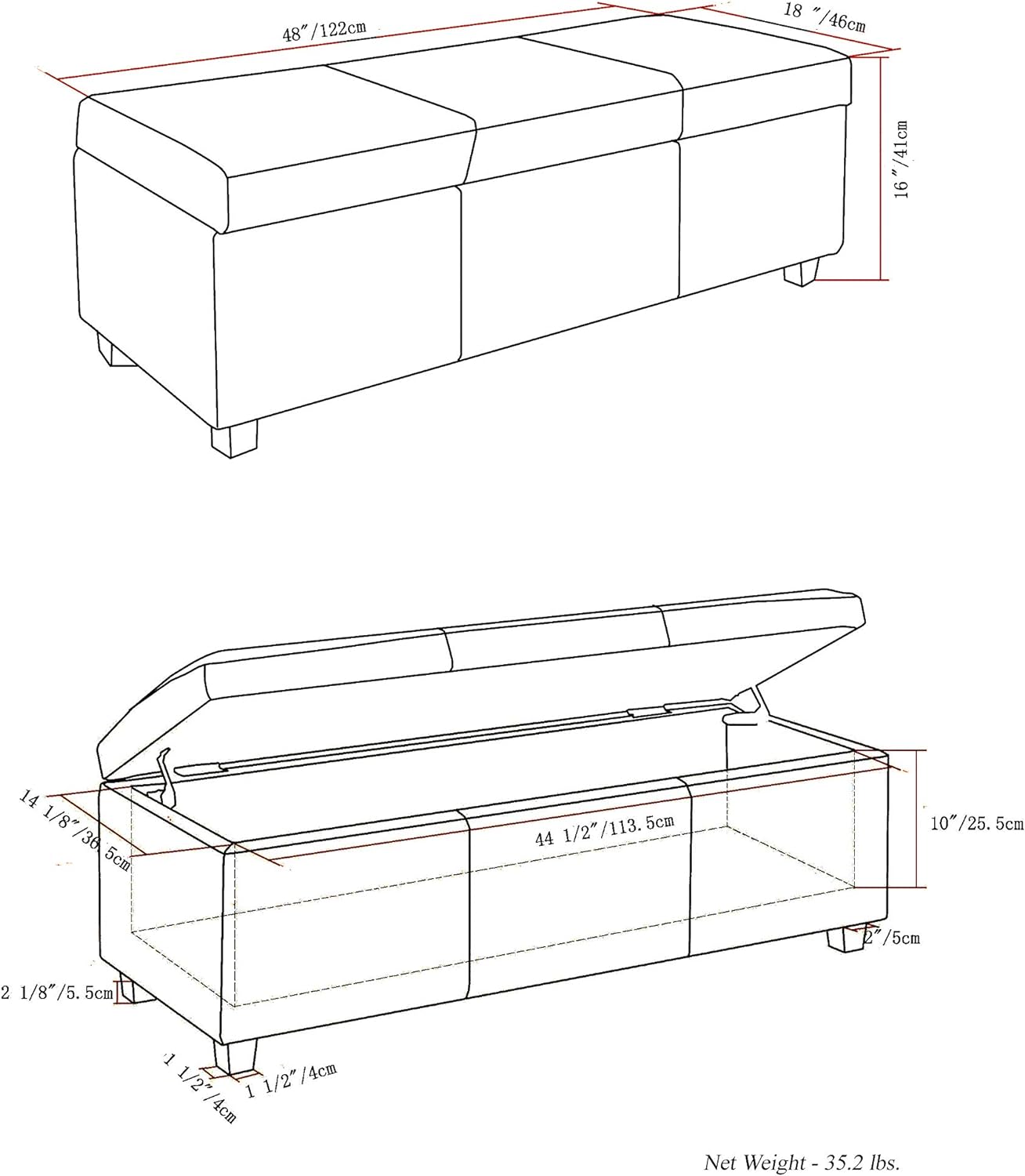 SIMPLIHOME Avalon 48 inch Wide Contemporary Rectangle Storage Ottoman Bench in Distressed Umber