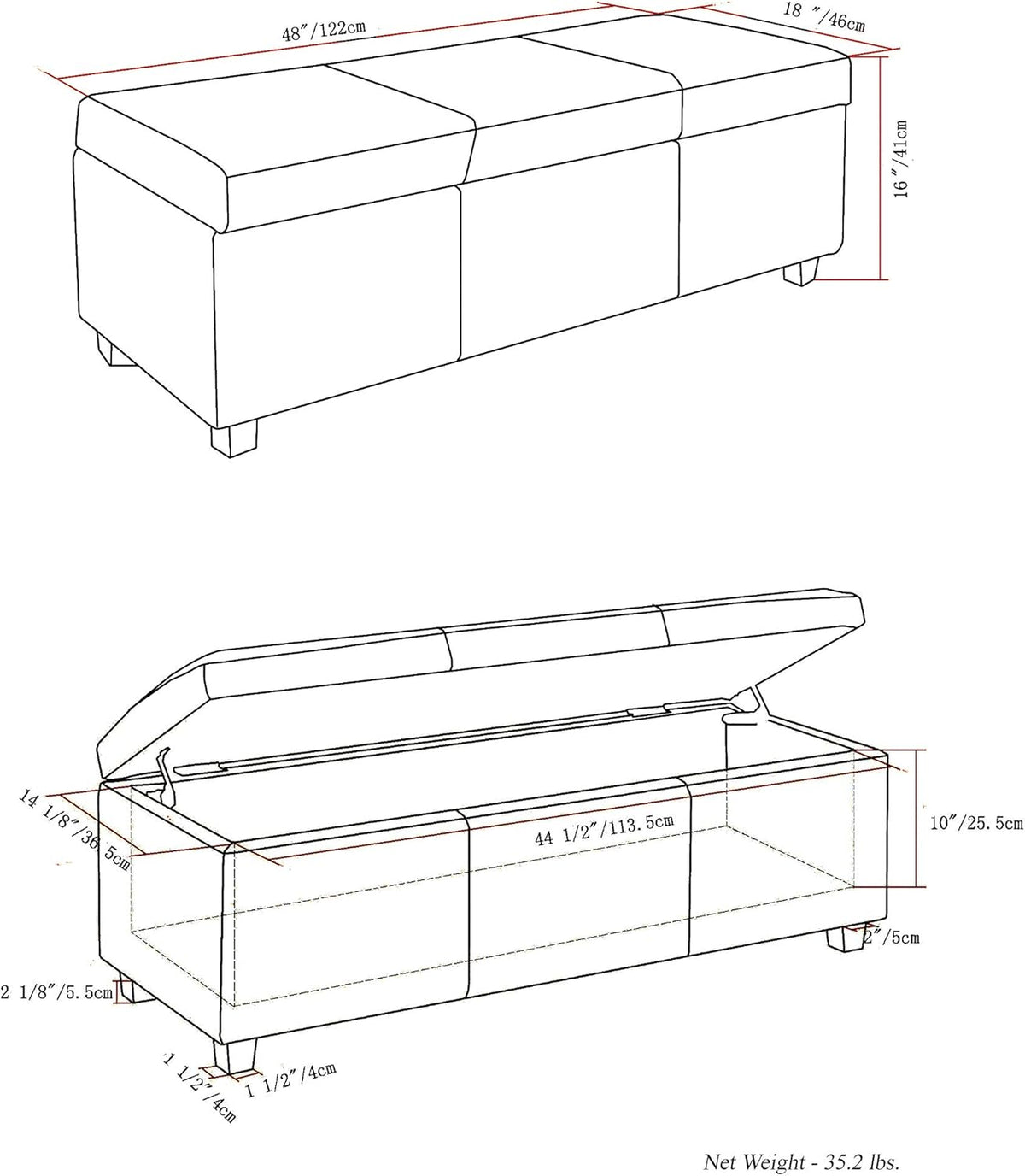SIMPLIHOME Avalon 48 inch Wide Contemporary Rectangle Storage Ottoman Bench in Distressed Grey