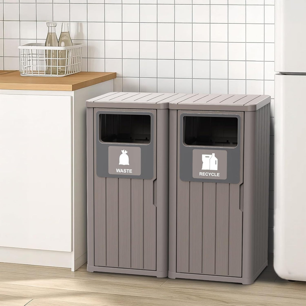 Outdoor Double Barrel Trash Can,Waterproof Resin Garbage Can with Garbage Labels,Durable Waste Bin