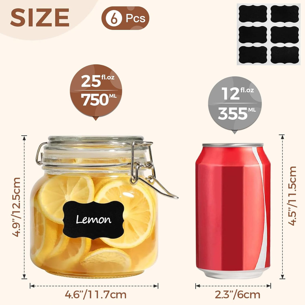 ComSaf 25oz Airtight Glass Canisters with Lids Set of 6, Square Food Storage Jar Container with