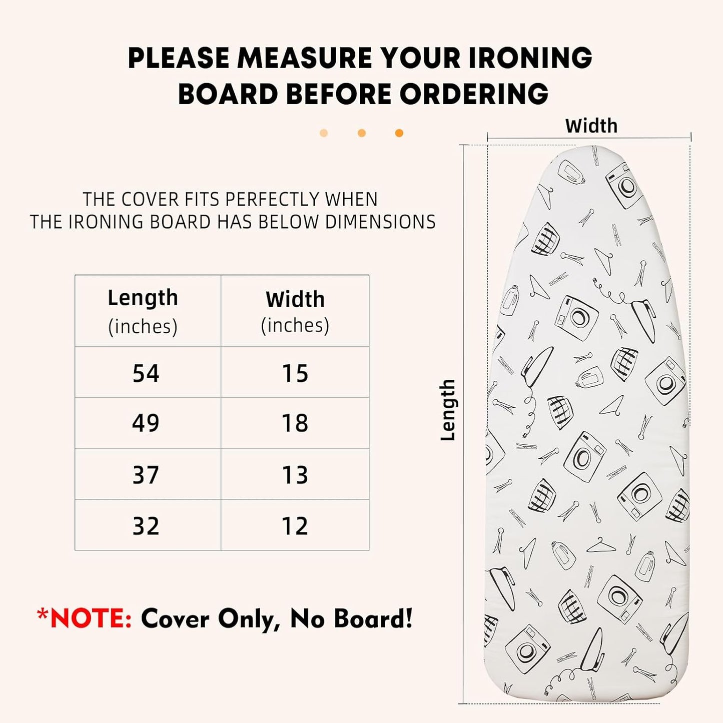 Wide Ironing Board Cover and Pad 18 x 49 inch Heat Reflective with Hook and Loop Fasteners, Thick