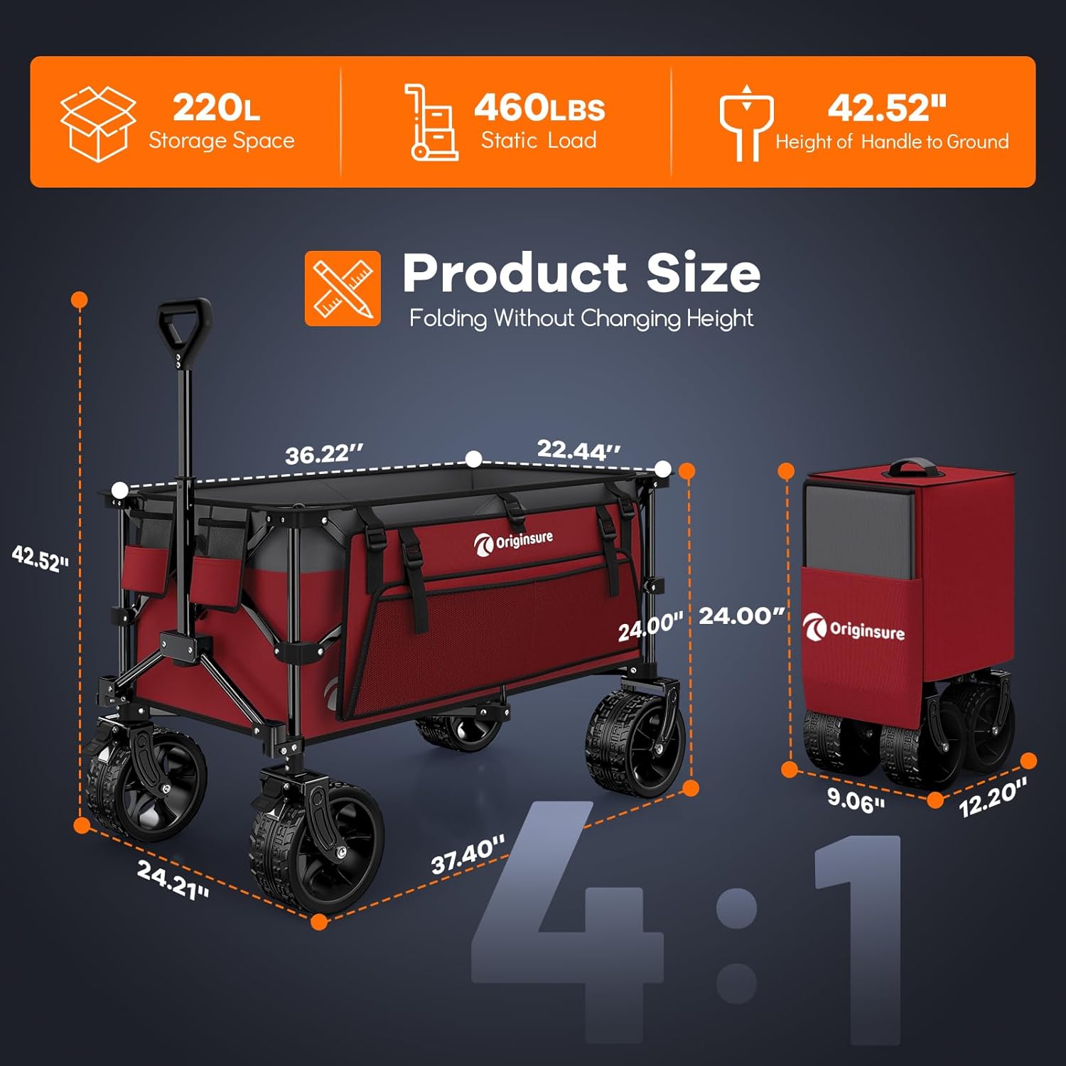 220L Collapsible Wagon Cart Foldable, 460lbs Load Capacity Heavy Duty Folding Beach Wagons with Big