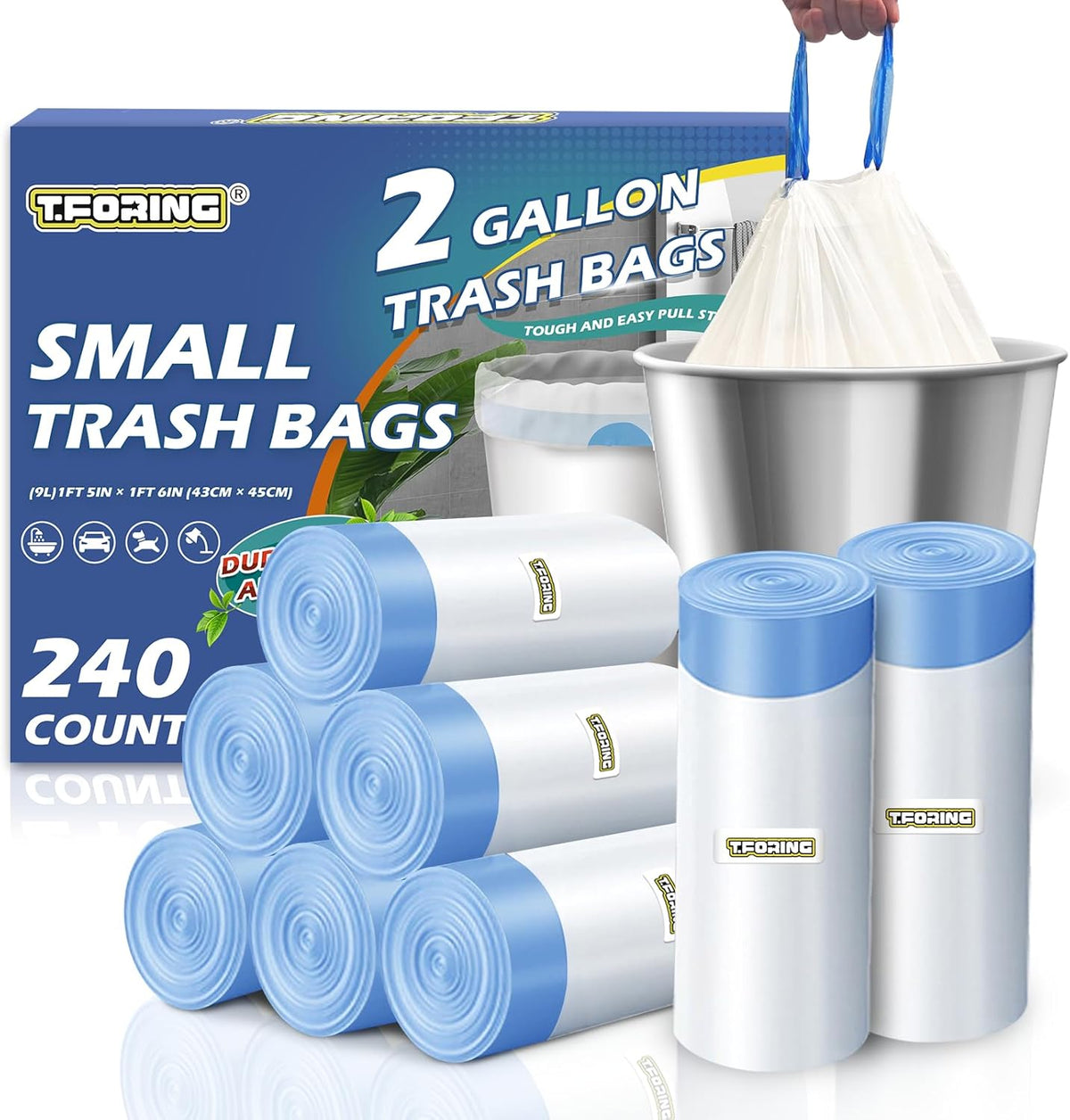 240 Count 2 Gallon Trash Bags Drawstring - Thick Small Garbage Bags Unscented,0.96 Mil White Mini