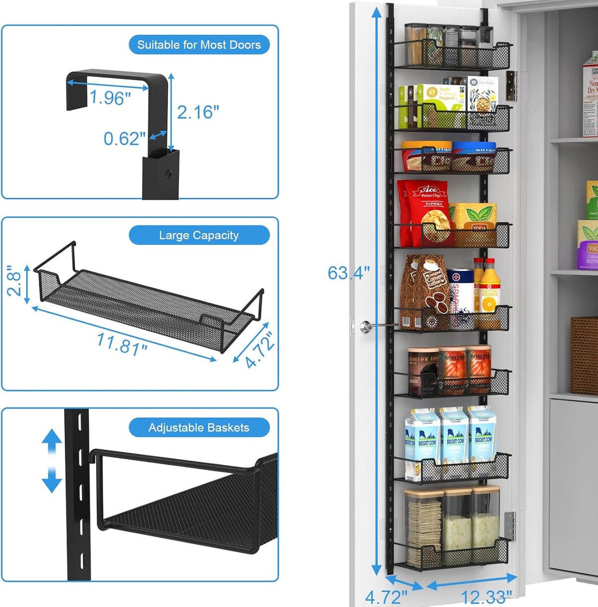 12.3" W Narrow Over the Door Pantry Organizer, 8-Tier Over the Door Organizer with Adjustable