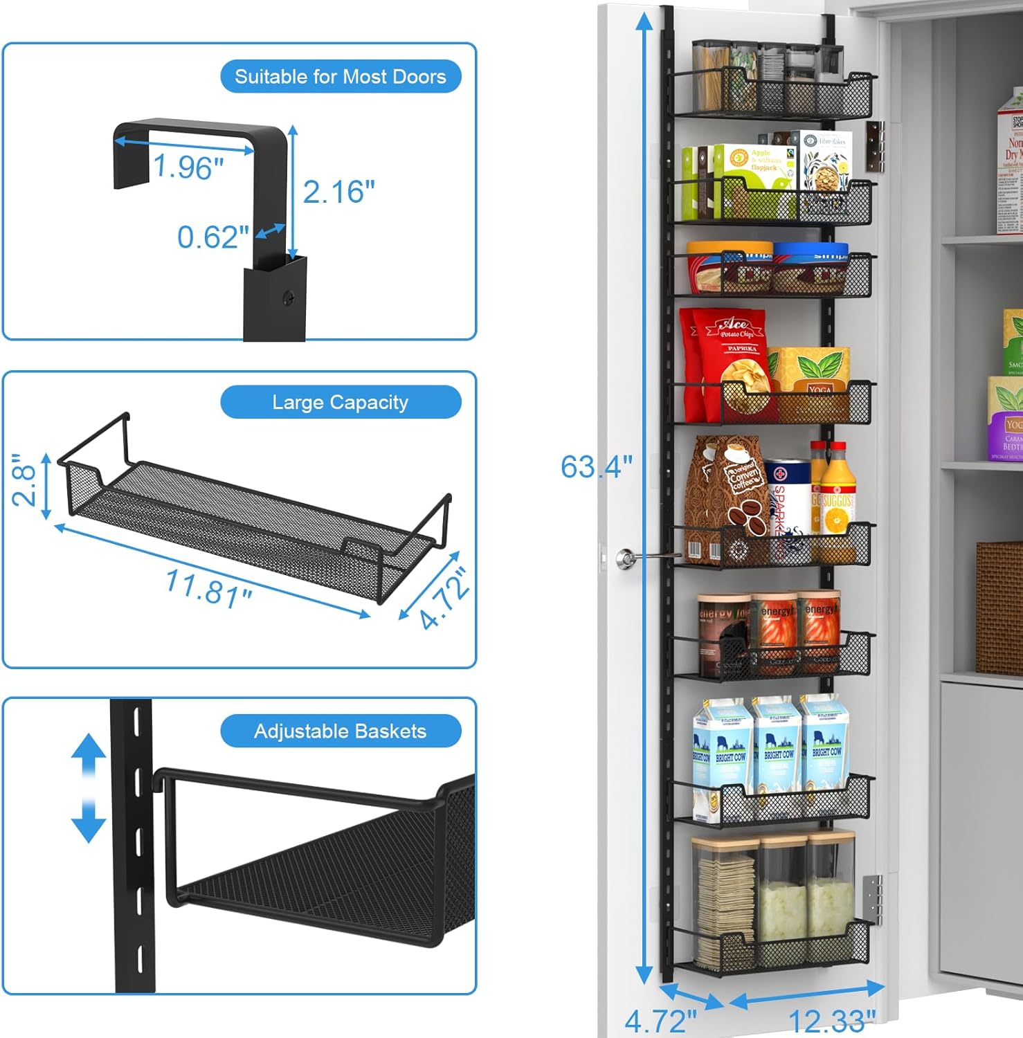 12.3" W Narrow Over the Door Pantry Organizer, 8-Tier Over the Door Organizer with Adjustable