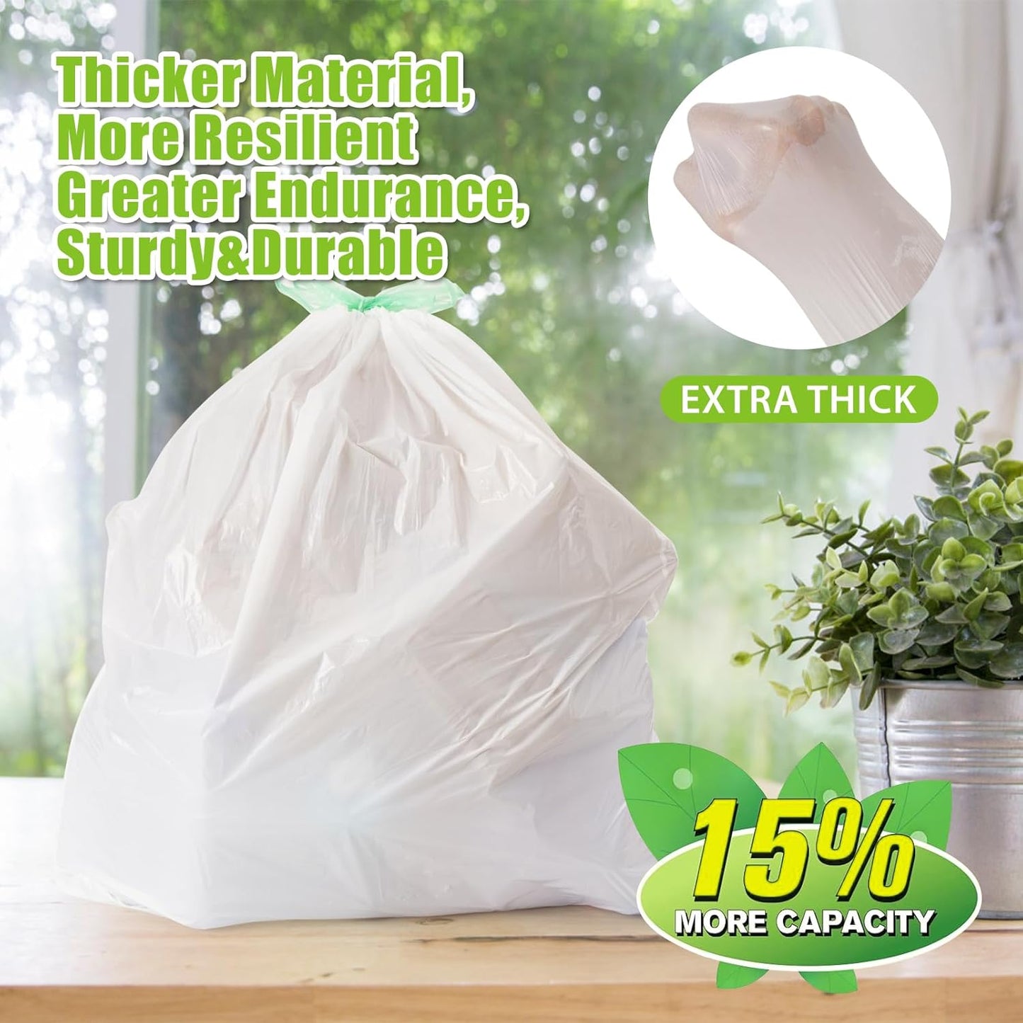 Large Trash Bag 13 Gallon Tall Drawstring 100% Post-Consumer Recycled Garbage Bag Waste Bag for