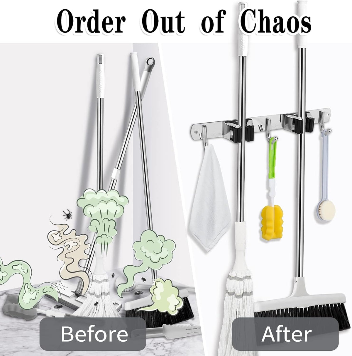 2 Racks and 3 Hooks Broom and Mop Holder Wall Mounted Garage Organizer Storage Tool Racks Stainless