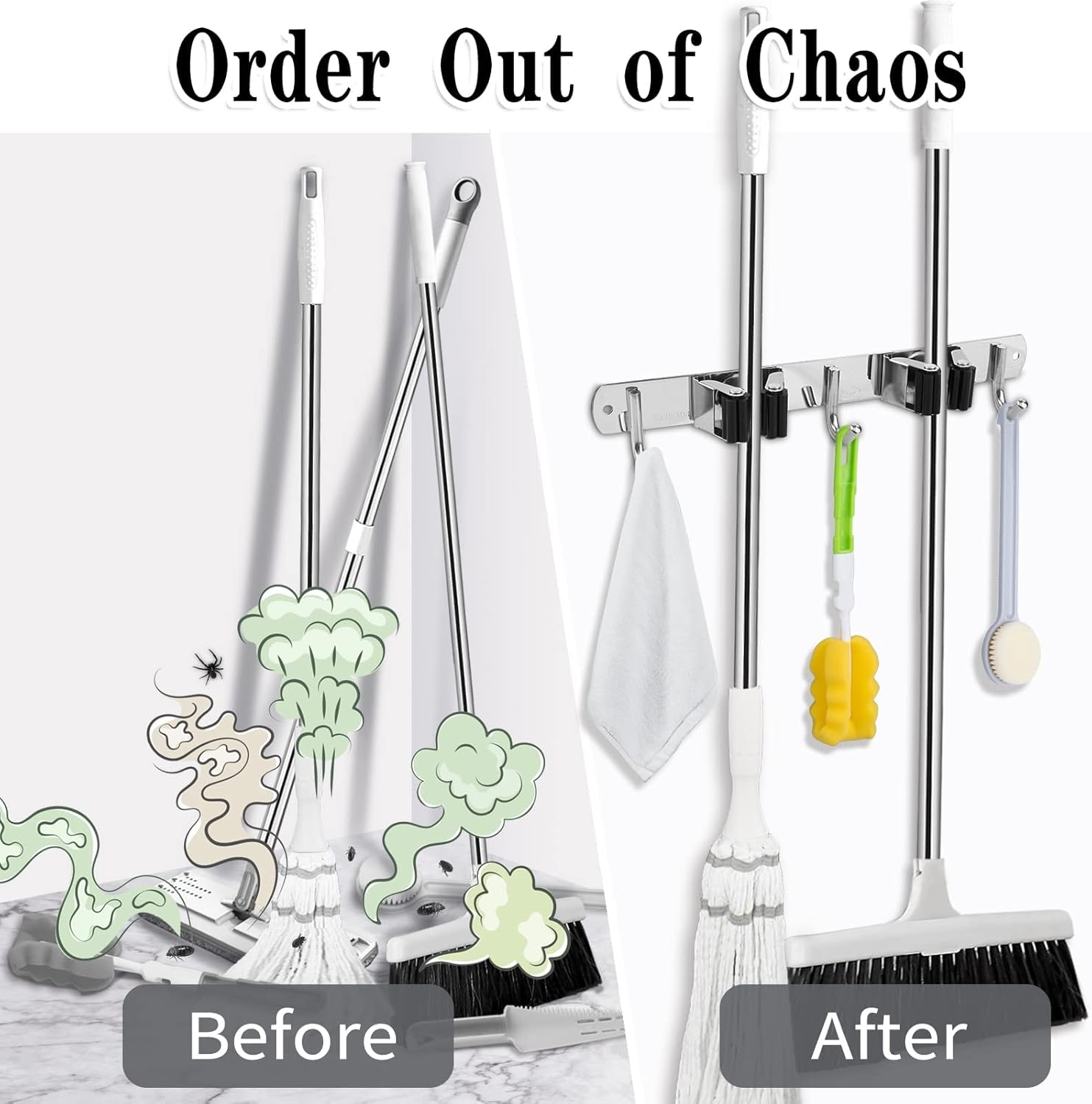 2 Racks and 3 Hooks Broom and Mop Holder Wall Mounted Garage Organizer Storage Tool Racks Stainless