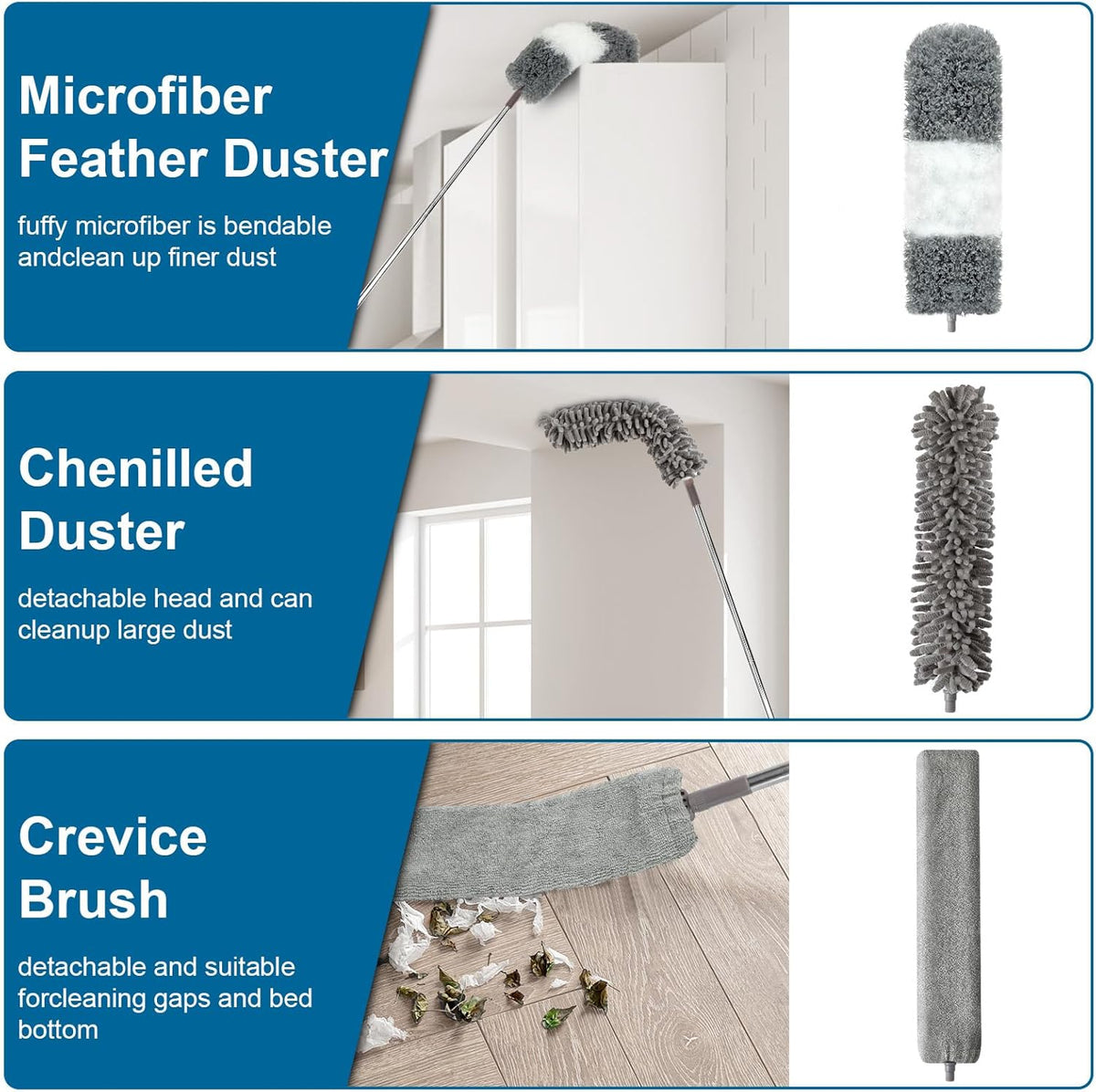 Microfiber Duster, 4PCS with Extension Pole(Stainless Steel) 30 to 100 Inches, Reusable Bendable