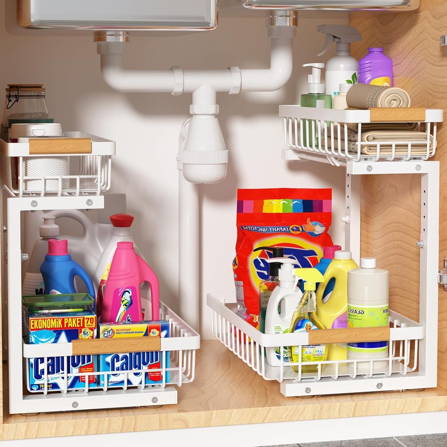 Under Sink Organizer 2 pack, 2 Tier Slide Out Under Sink Organizers And Storage, Height Adjustable