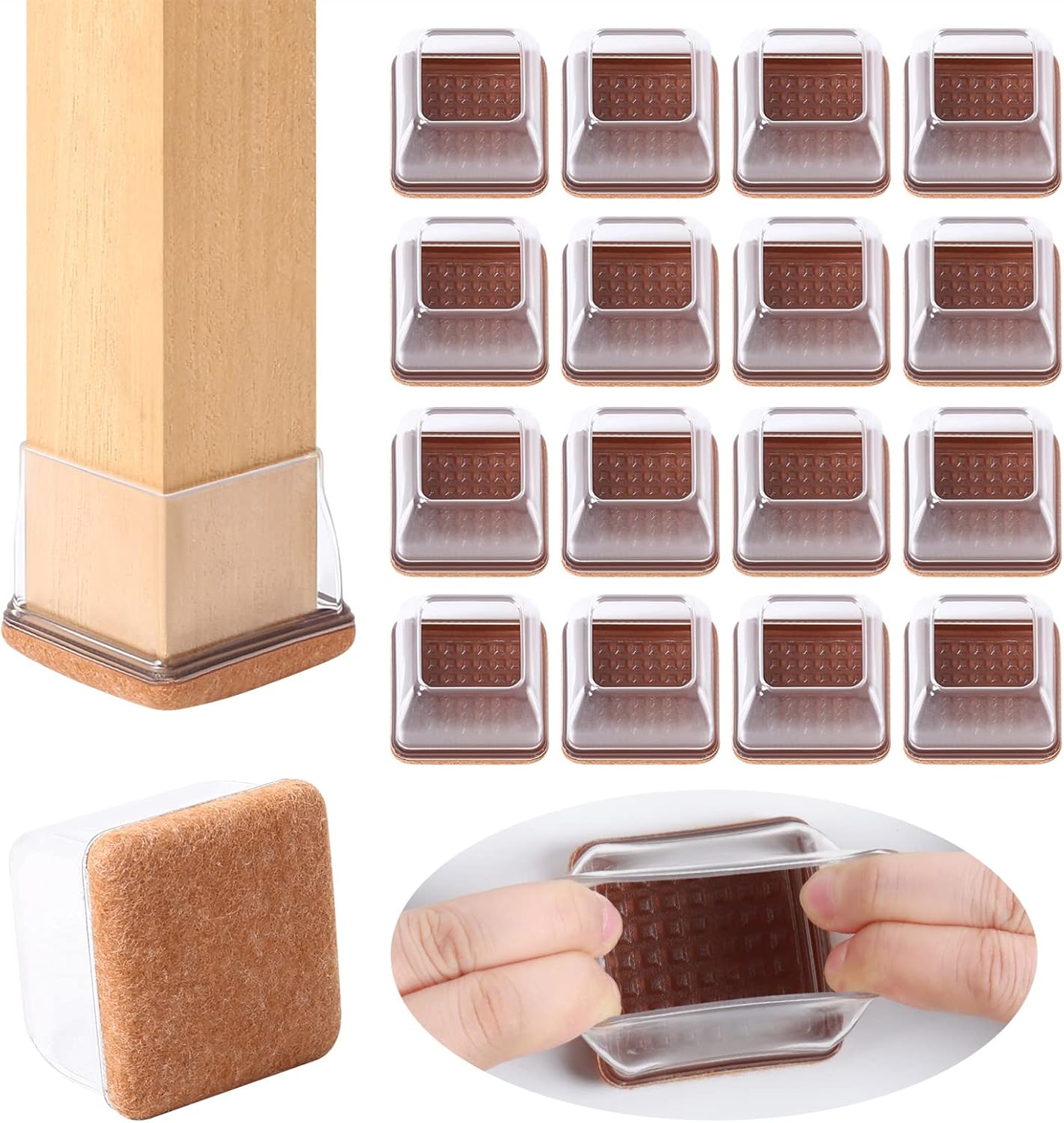 Ezprotekt 24 Pcs XL Square Clear Chair Leg Floor Protectors, Silicone Felt Furniture Pads Caps for