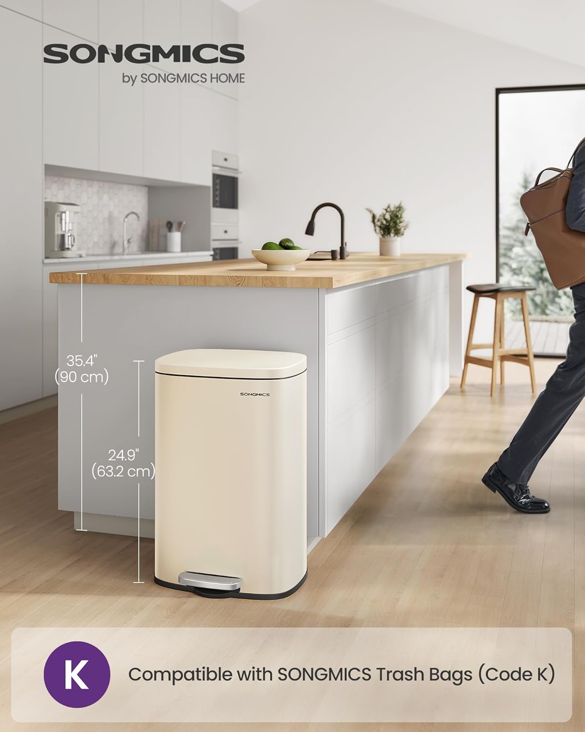 SONGMICS 13 Gallon (50 L) Trash Can, Stainless Steel Kitchen Garbage Can, Recycling or Waste Bin