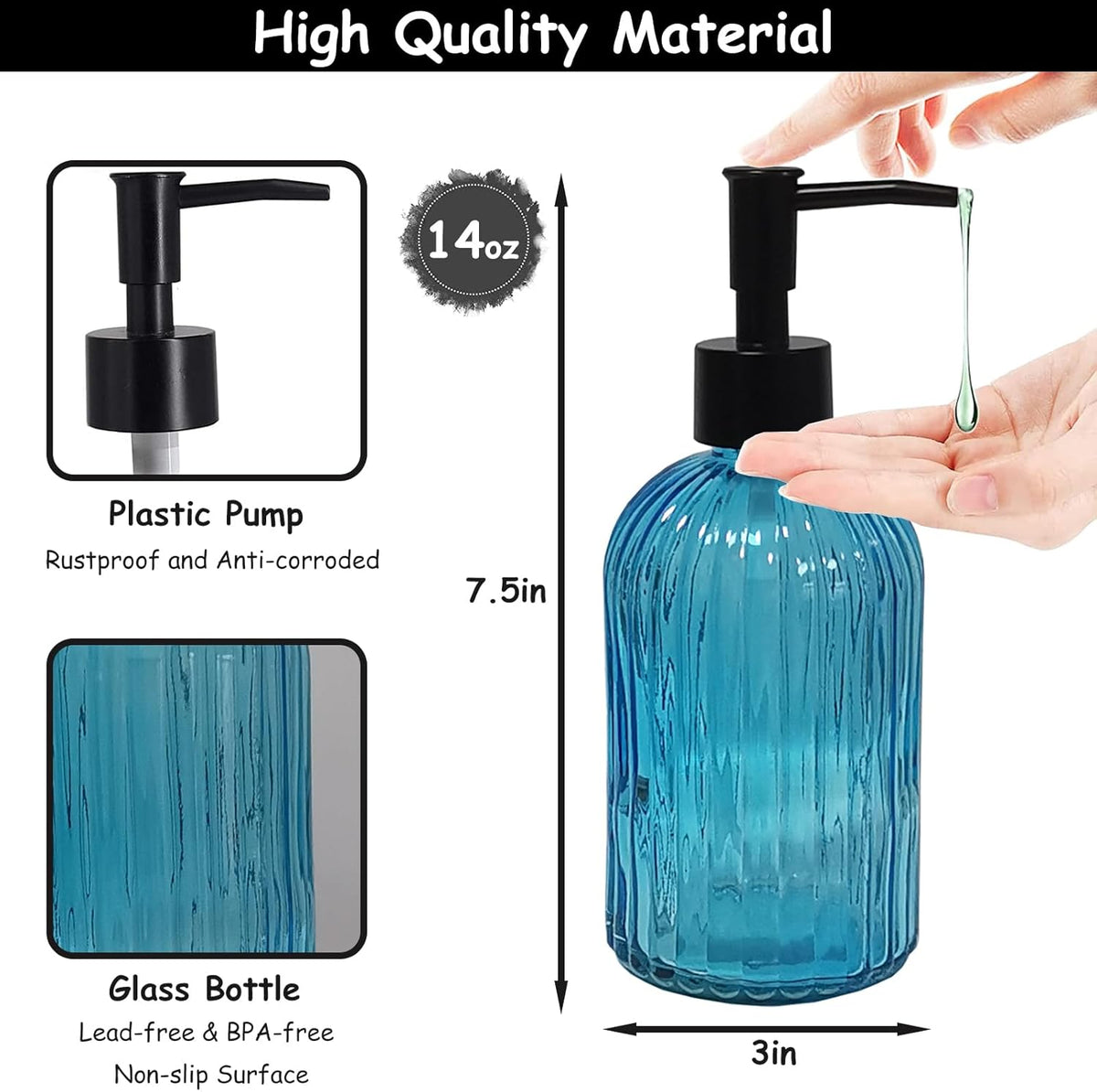 Blue Glass Soap Dispenser Set with Black Pump, 13.5oz Refillable Hand Dispenser, Lotion Dish Soap