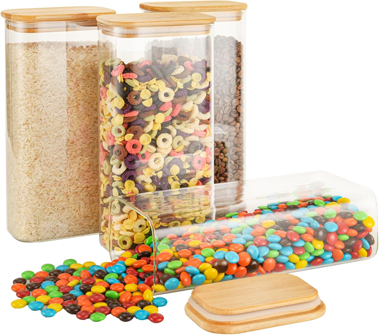 64oz Rectangle Airtight Glass Storage Containers with Bamboo Lids (Set of 4), Square Food Storage
