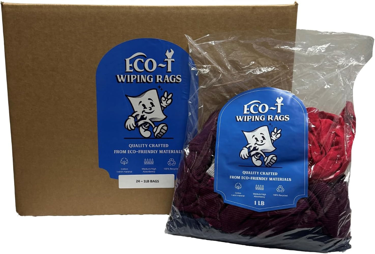 24 x 1 Lb Bags (24 Lbs) Eco-T Mechanic Shop Rags - Colored T-Shirt Material, 100% Recycled