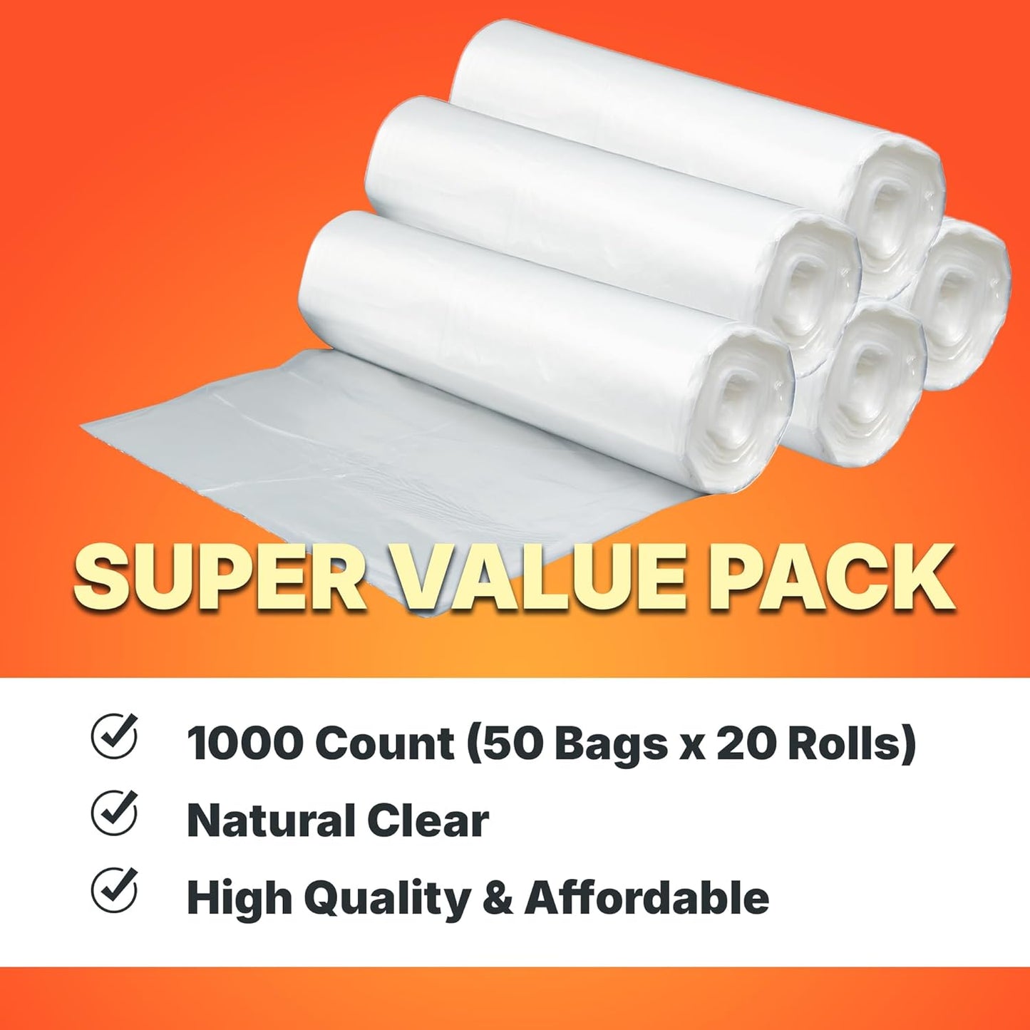 12-16 Gallon Trash Bags, 8 Micron High Density Garbage Can Liners Bulk, 24" x 33", Natural Clear