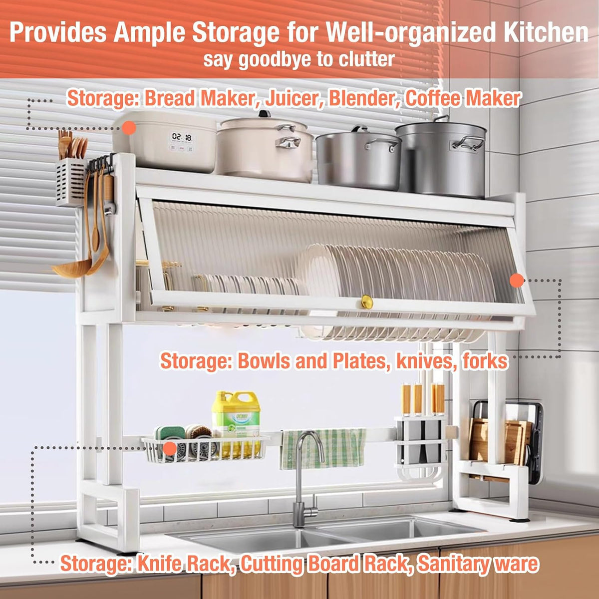 Milkshake White 3 Tier Over Sink Dish Rack Drainer with Cover - Space-Saving Organized Drying Rack