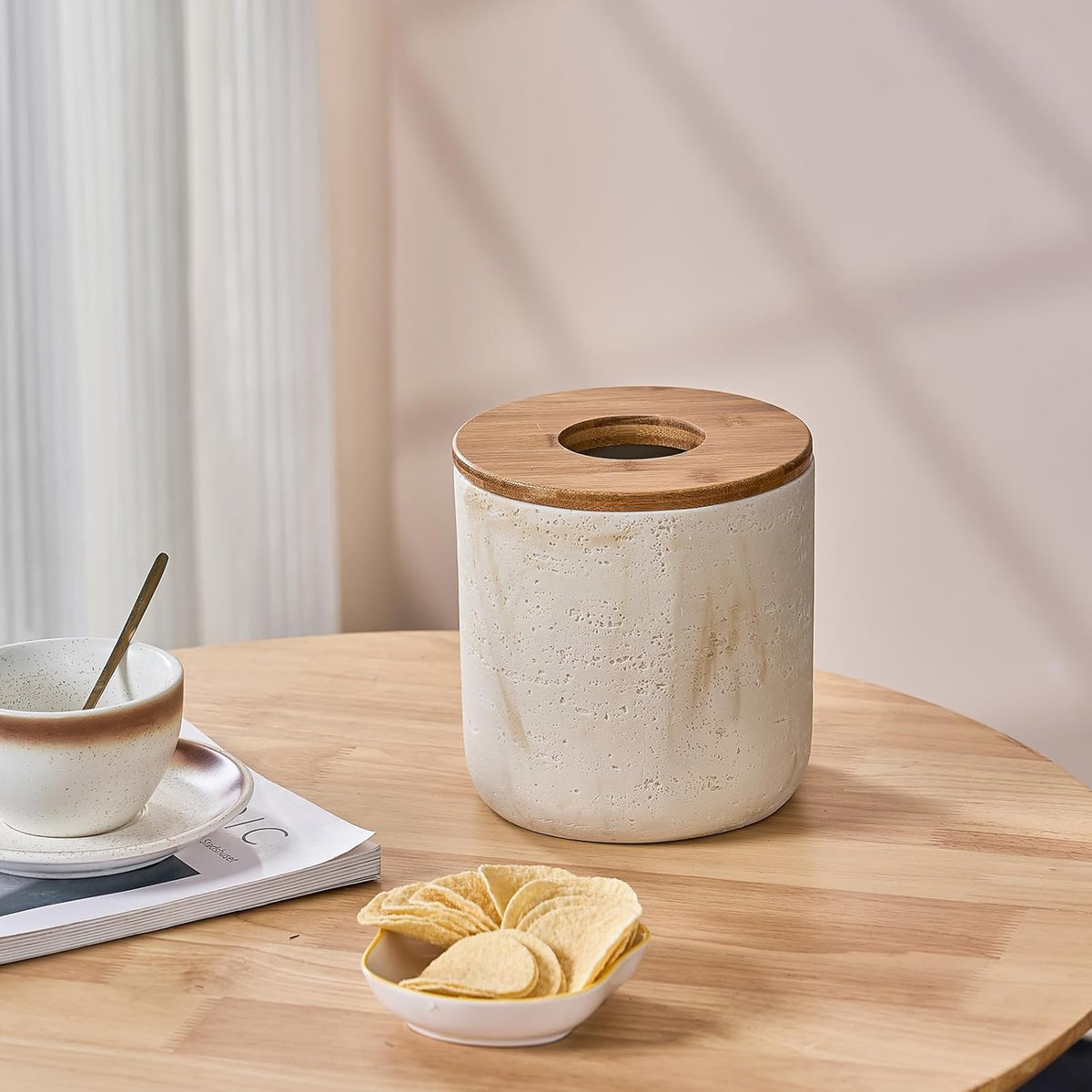 Natural Travertine Textures Beige Mini Trash Can with Bamboo Lid,Small Countertop Trash Can for