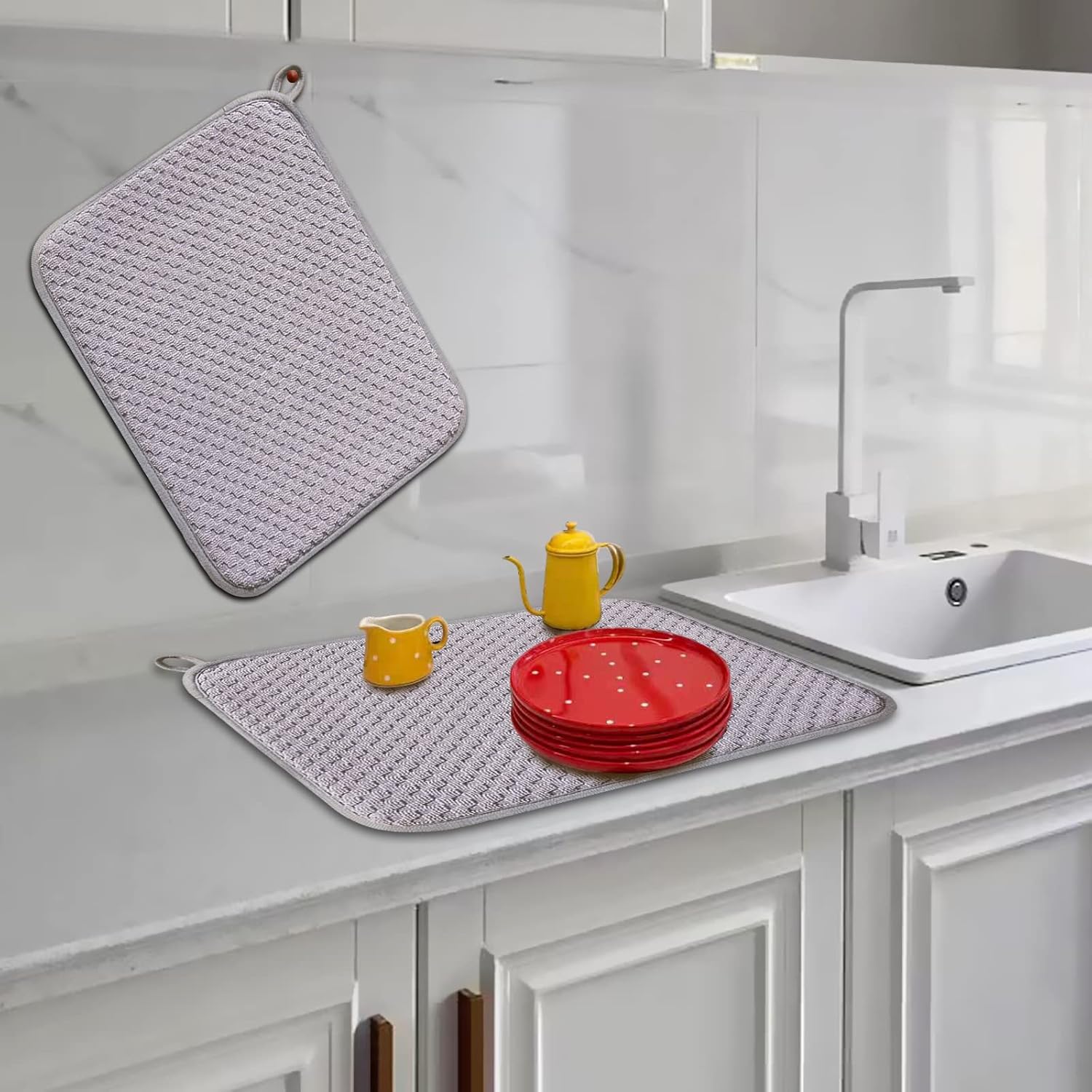 Dish Drying Mats for Kitchen Counter 2 Pack, Dish Drying Pads Absorbent, Washable Microfiber Dishes
