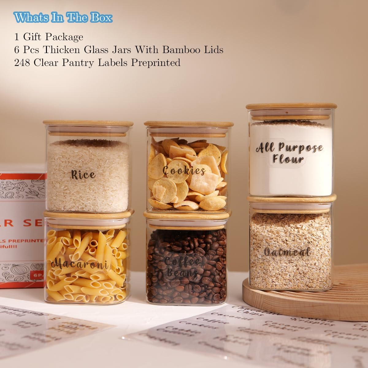 6 Pcs Square Glass Pantry Storage Containers with Bamboo Airtight Lid and 248 Clear Pantry Labels