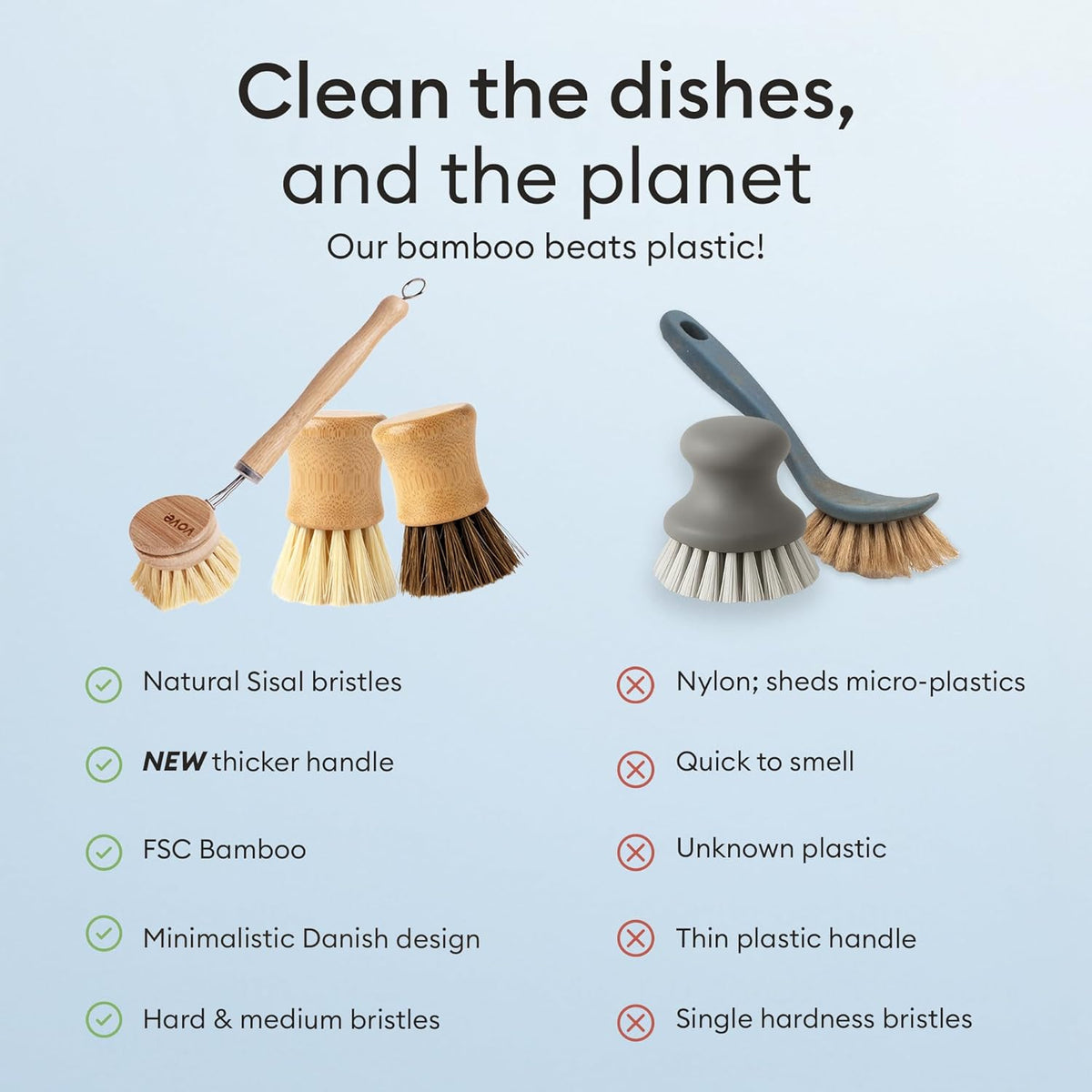 Vove Dish Brush Bundle - FSC-Certified Bamboo Dish Brush & Scrub Brush, 3 Replacement Heads