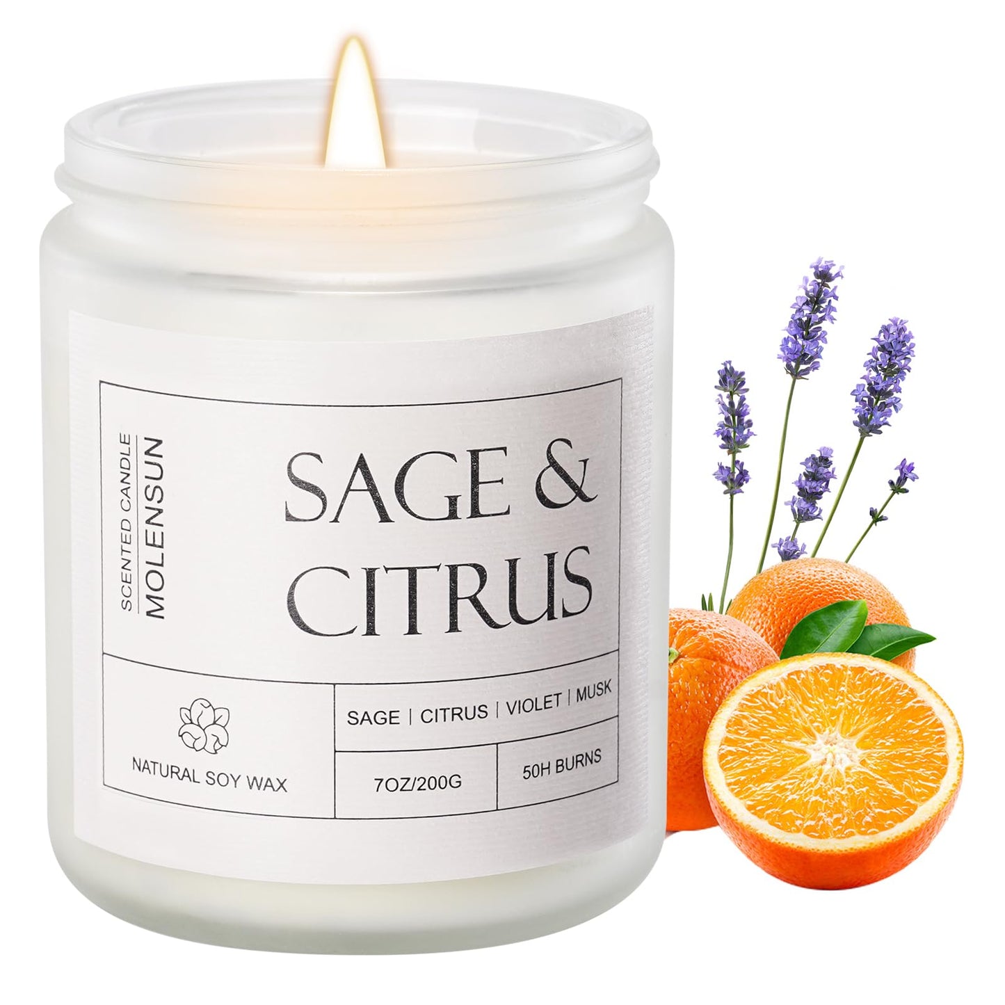 Molensun Sage Citrus Scented Candle, Soy Wax 7 oz
