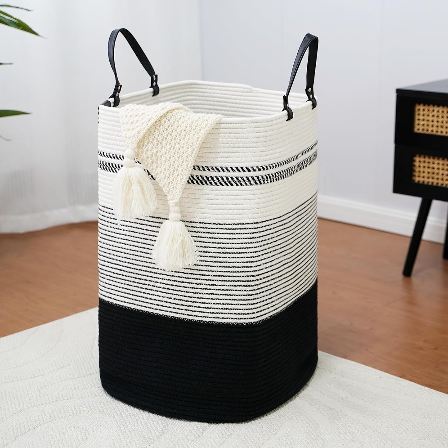 danpinera 100L Nursery Hamper, Tall Woven Laundry Basket with Long Leather Handles, Boho Laundry