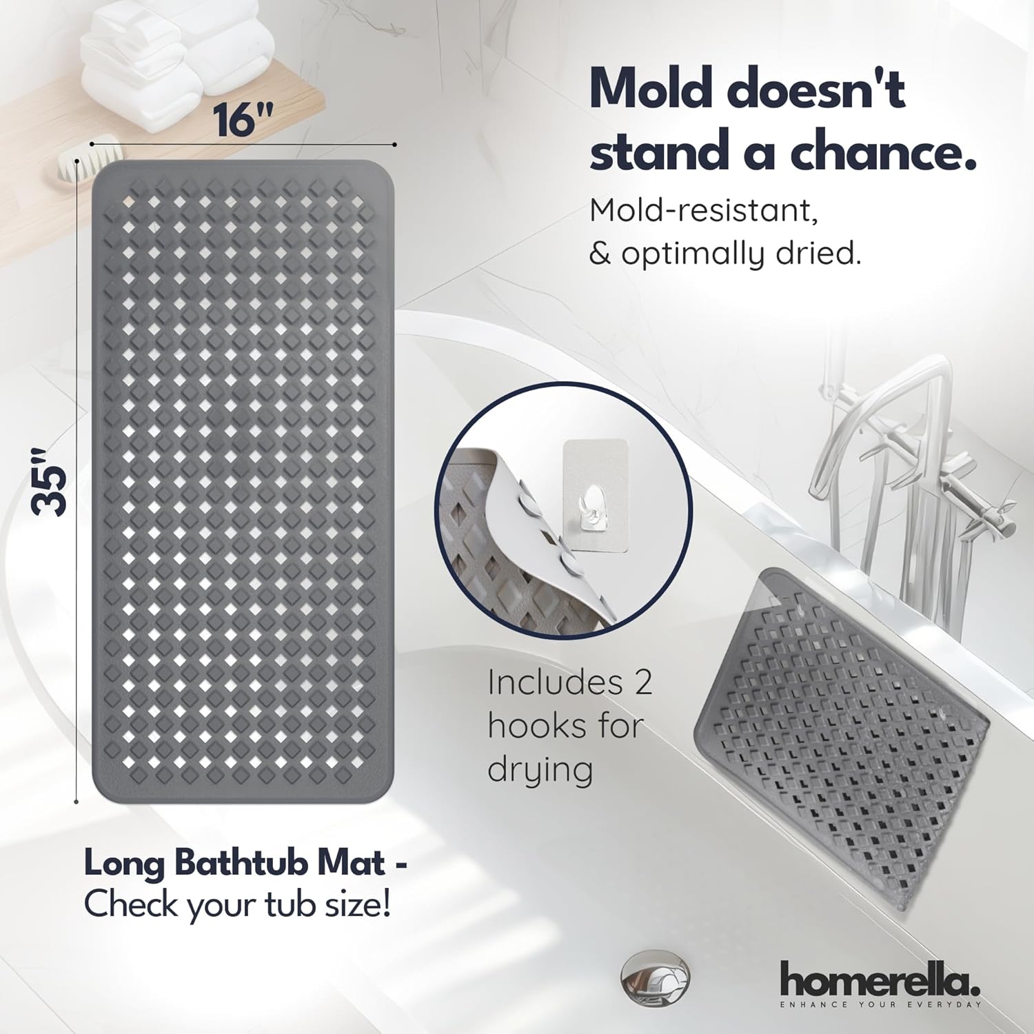 homerella® Bathtub Mat Non Slip 35x16, Incl. Hooks for Drying, Extra Long, 100% BPA Free, Shower