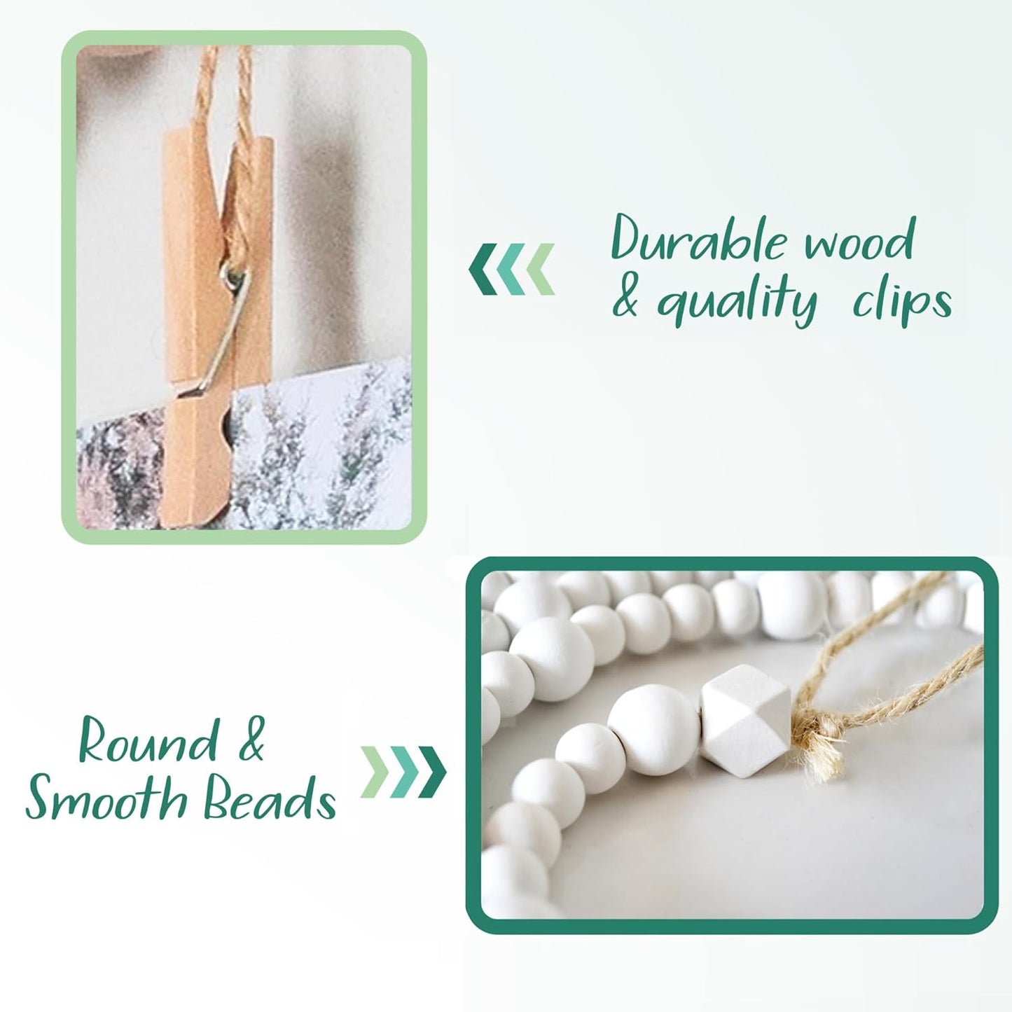 4 Feet Wooden Beads Garland with Clothespins Picture Cards Holder - Country Farmhouse Christmas