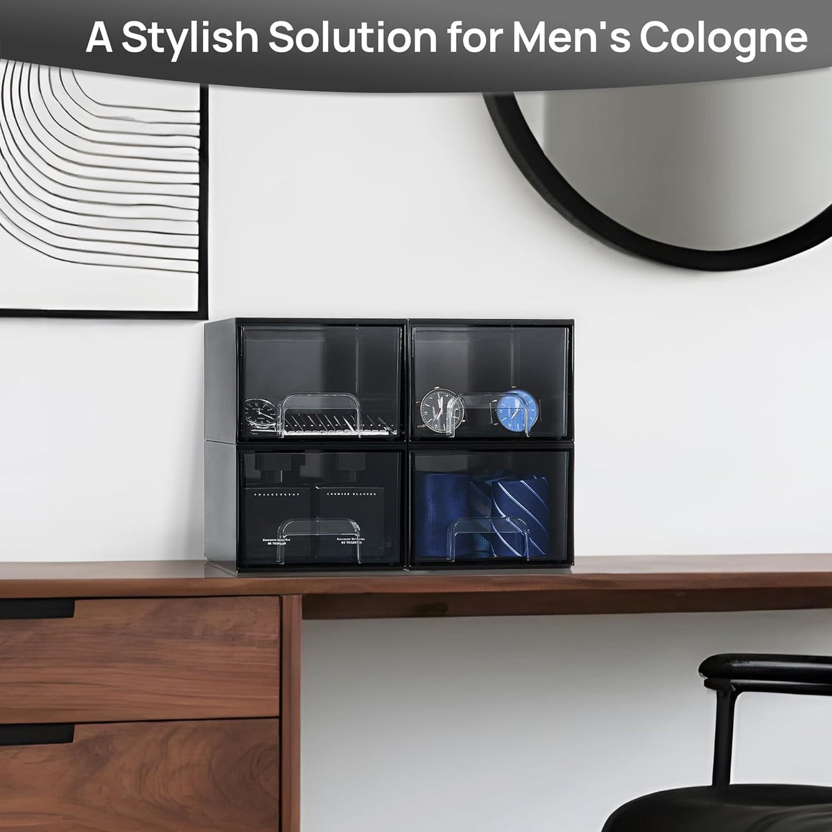 Vtopmart Black Small Stackable Storage Drawers, Cologne Organizer for Men,Plastic Containers for