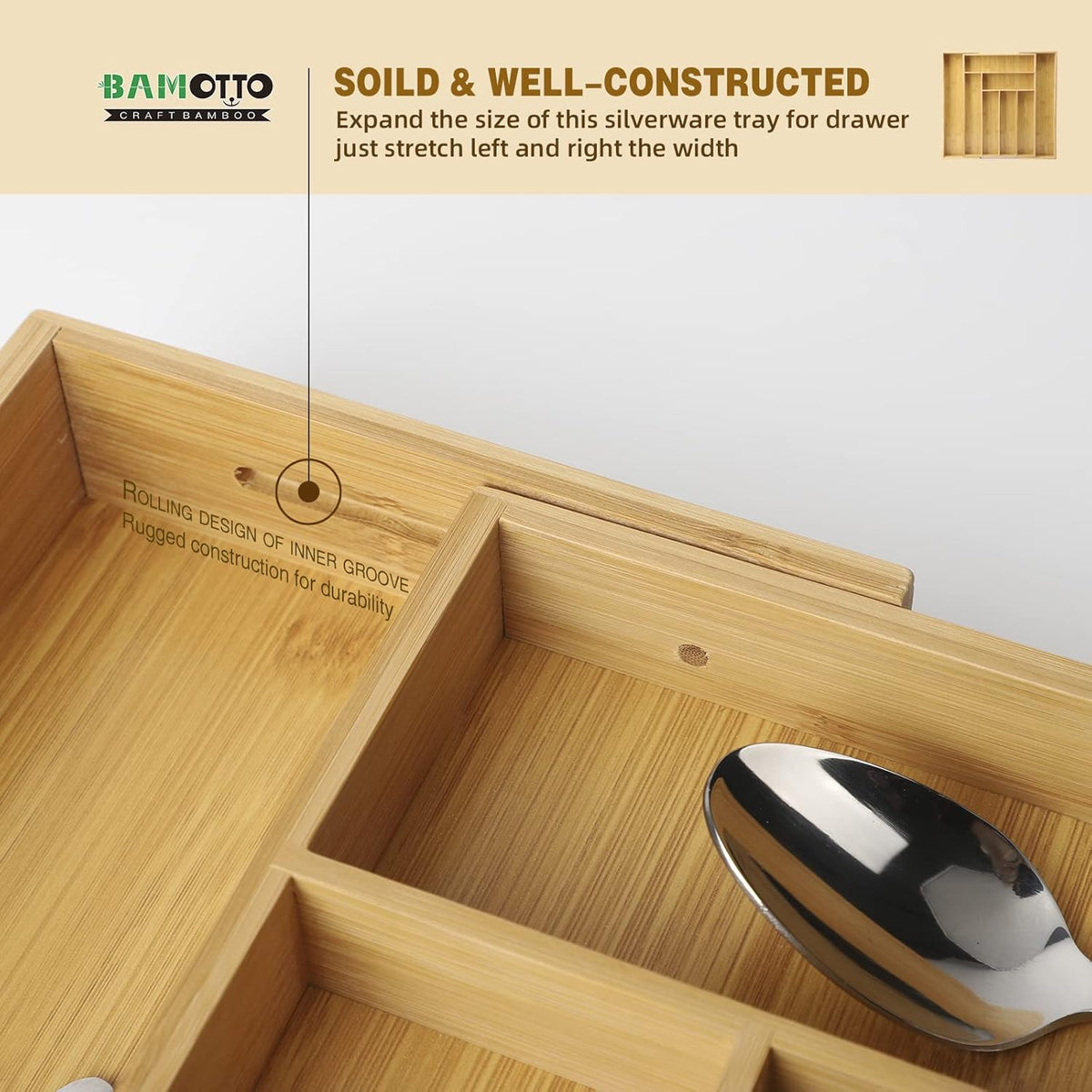 Expandable Bamboo Drawer Organizer – Large 20"x16.9" Size with Adjustable Dividers – for Kitchen