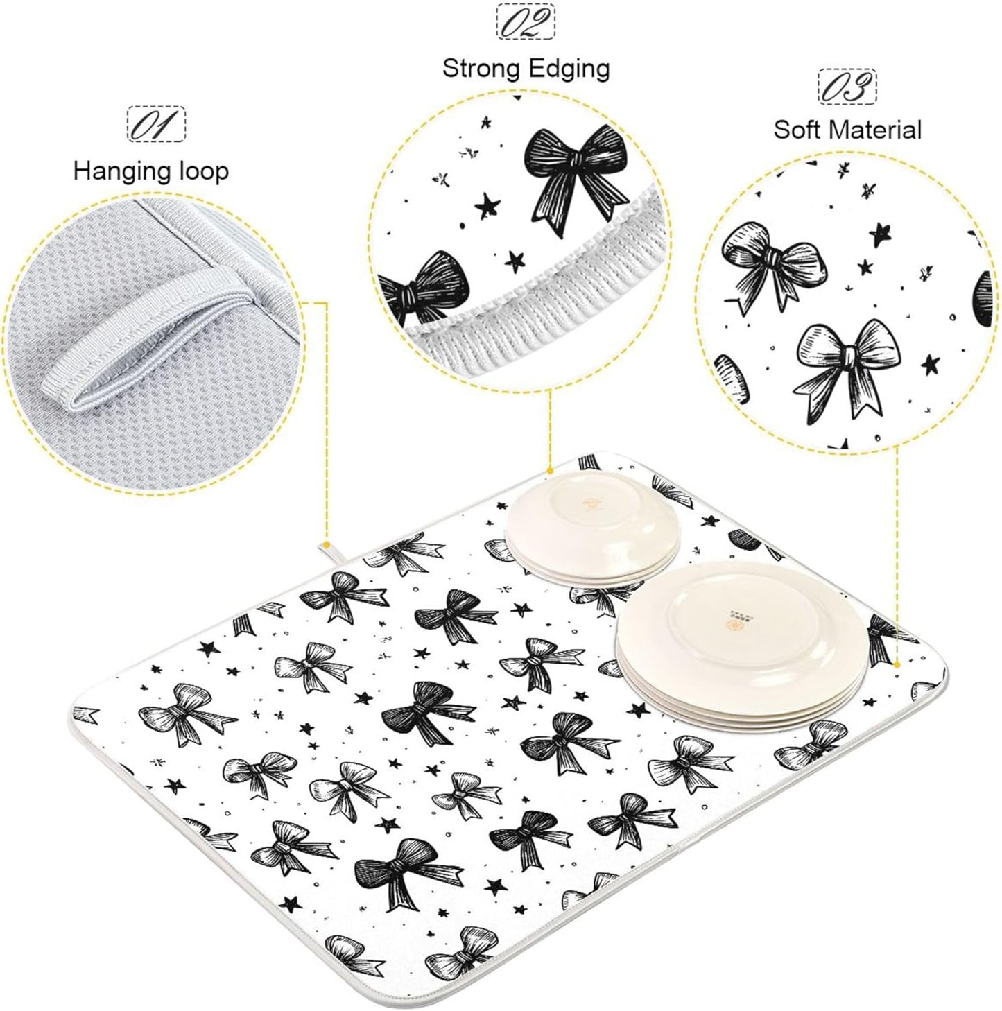 Black White Bowknot Dish Drying Mat for Kitchen Countertop 16x18 Rectangle Bow Small Drying Mat