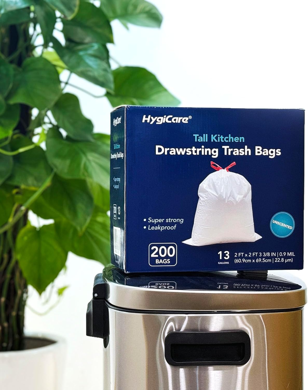 13 Gallon Tall Kichen Trash Bags, Unscented 200 Count Drawstring Garbage Bags, Pre-Separated, Ultra