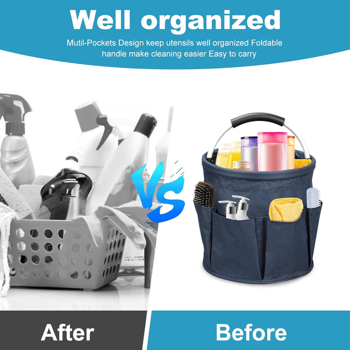 Qivine 17L Cleaning Caddy with Handle, Cleaning Supply Caddy Foldable Tool Bag Cleaning Products