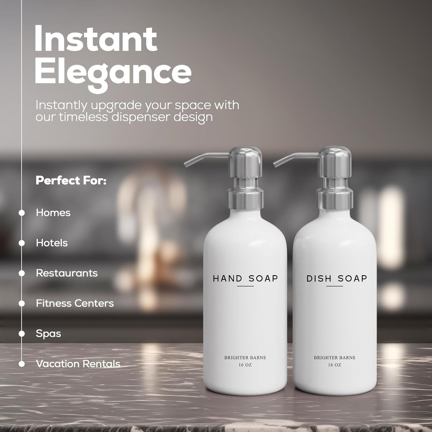 White Glass Hand and Dish Soap Dispenser Set by Brighter Barns - Modern Kitchen Soap Dispenser Set