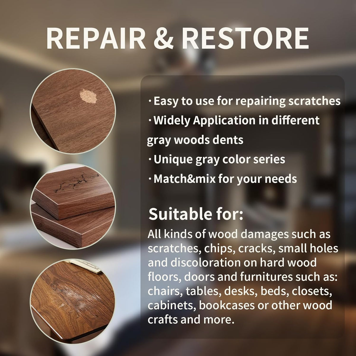 Wood Repair Kit, 13Pcs Wood Fillers, Furniture Repair Kit Scratch Cover for Wood Cracks, Stains