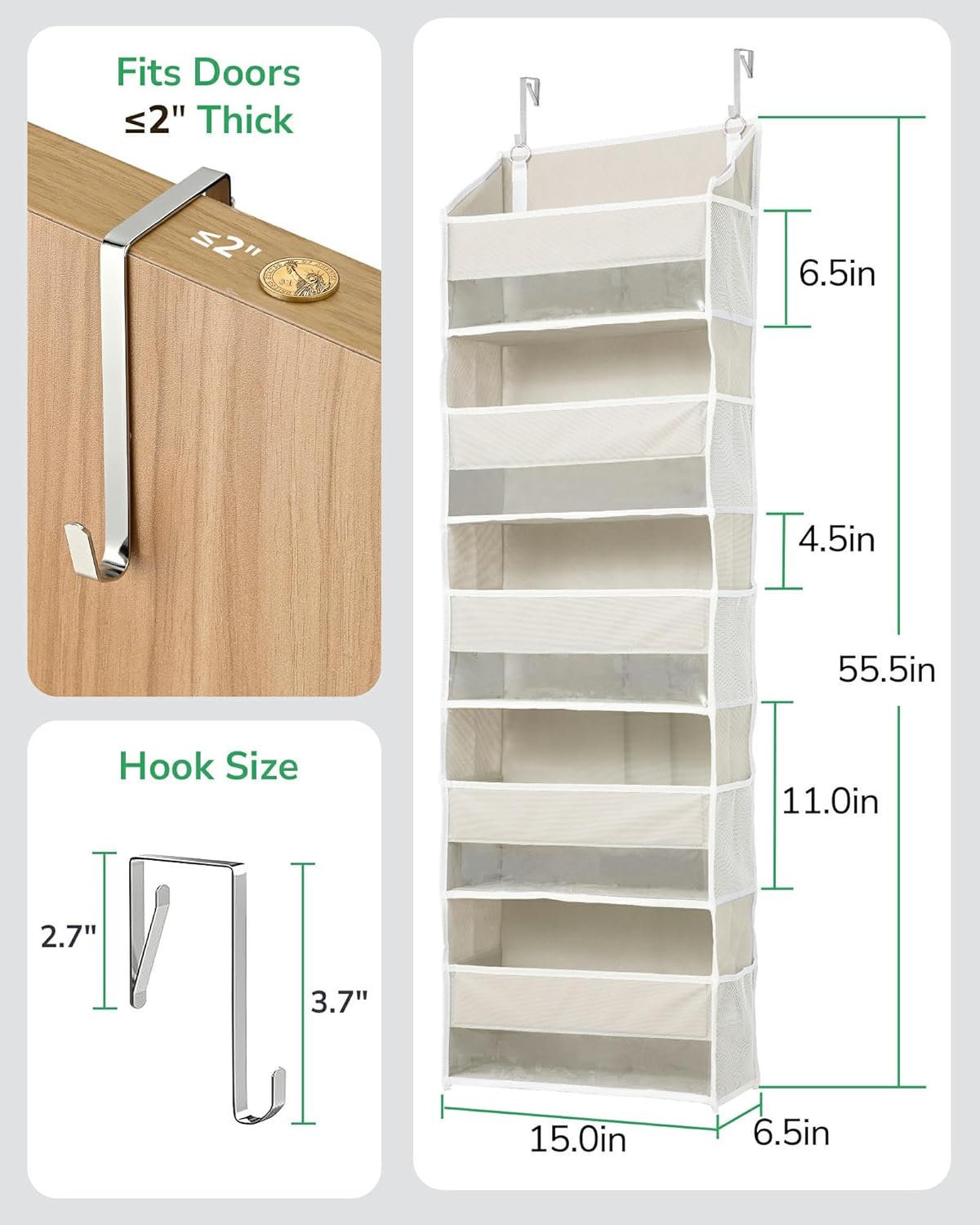 ULG 1-Pack Over Door Organizer with 5 Large Pockets 10 Mesh Side Pockets, 44 lbs Weight Capacity