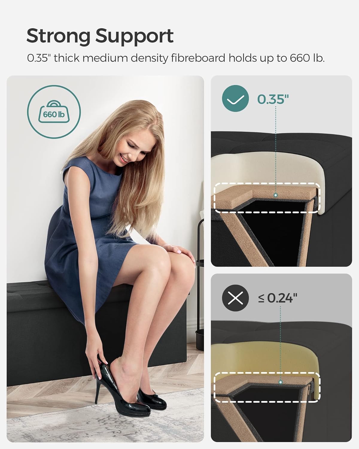 SONGMICS MAZIE Collection - 43 Inches Folding Storage Ottoman Bench, Ottoman Foot Rest, End of Bed