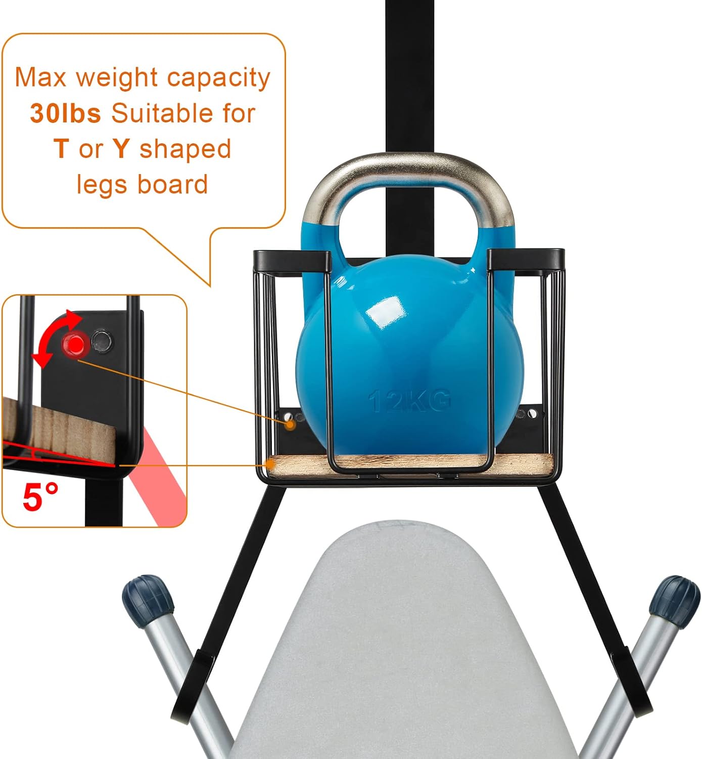 TJ.MOREE Wall Mount/Over The Door Ironing Board Holder with Large Storage Basket, Laundry Room Iron