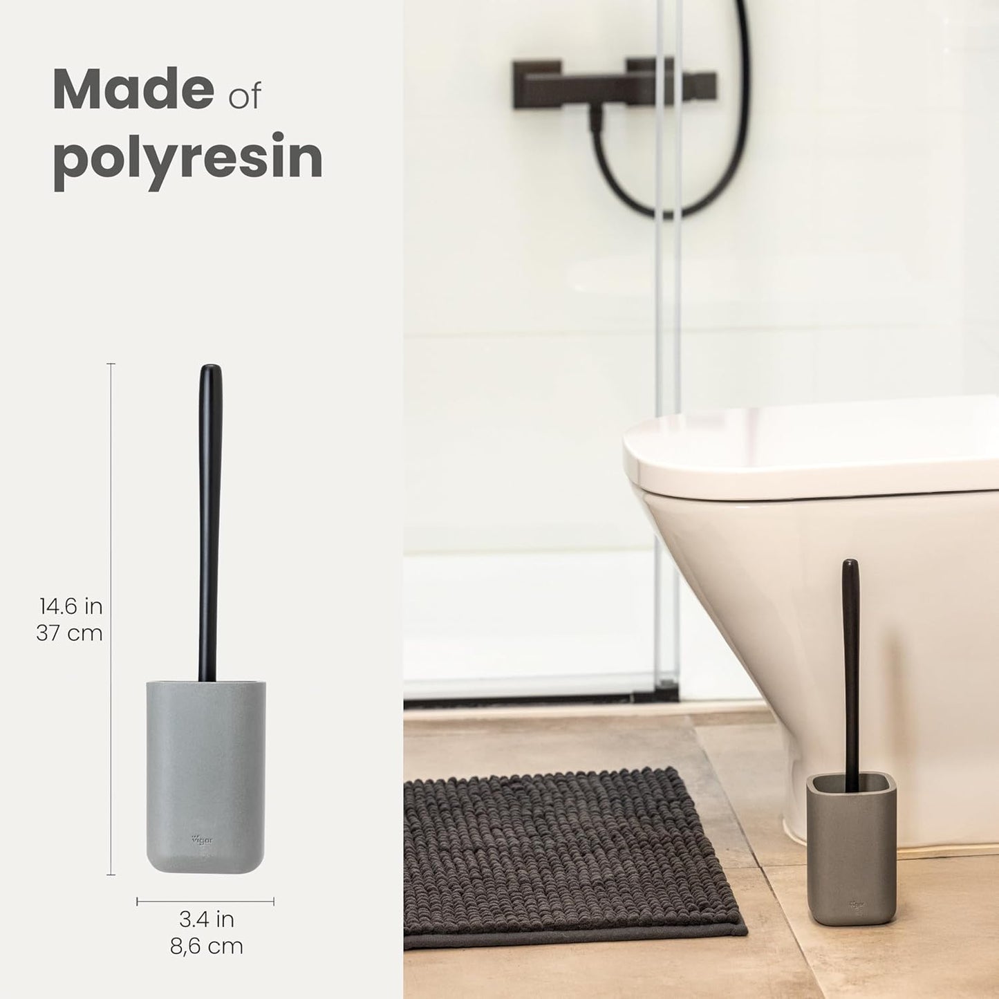 Vigar Zense Toilet Brush and Holder Set, Toilet Bowl Brush with Polyresin Stone Holder, Bathroom