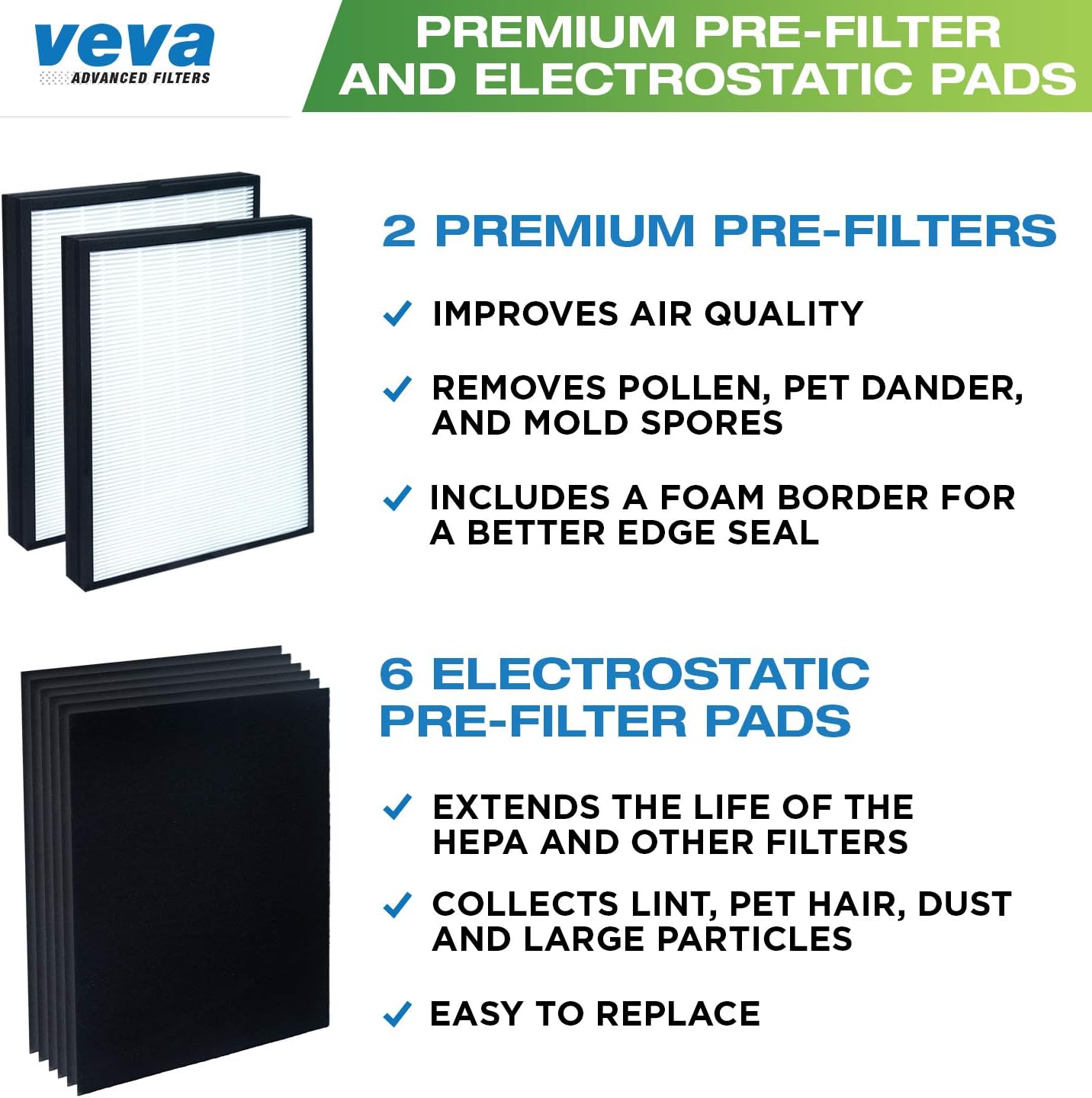VEVA Premium 2 HEPA Replacement Filter Pack with 6 Activated Carbon Pre Filters to Stop Smoke Odor