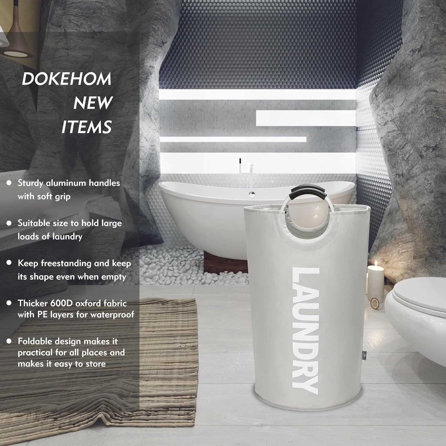 DOKEHOM 125L X-Large Collapsible Washing Laundry Basket Bag (7 Colors) for Bedroom, Fabric (Grey