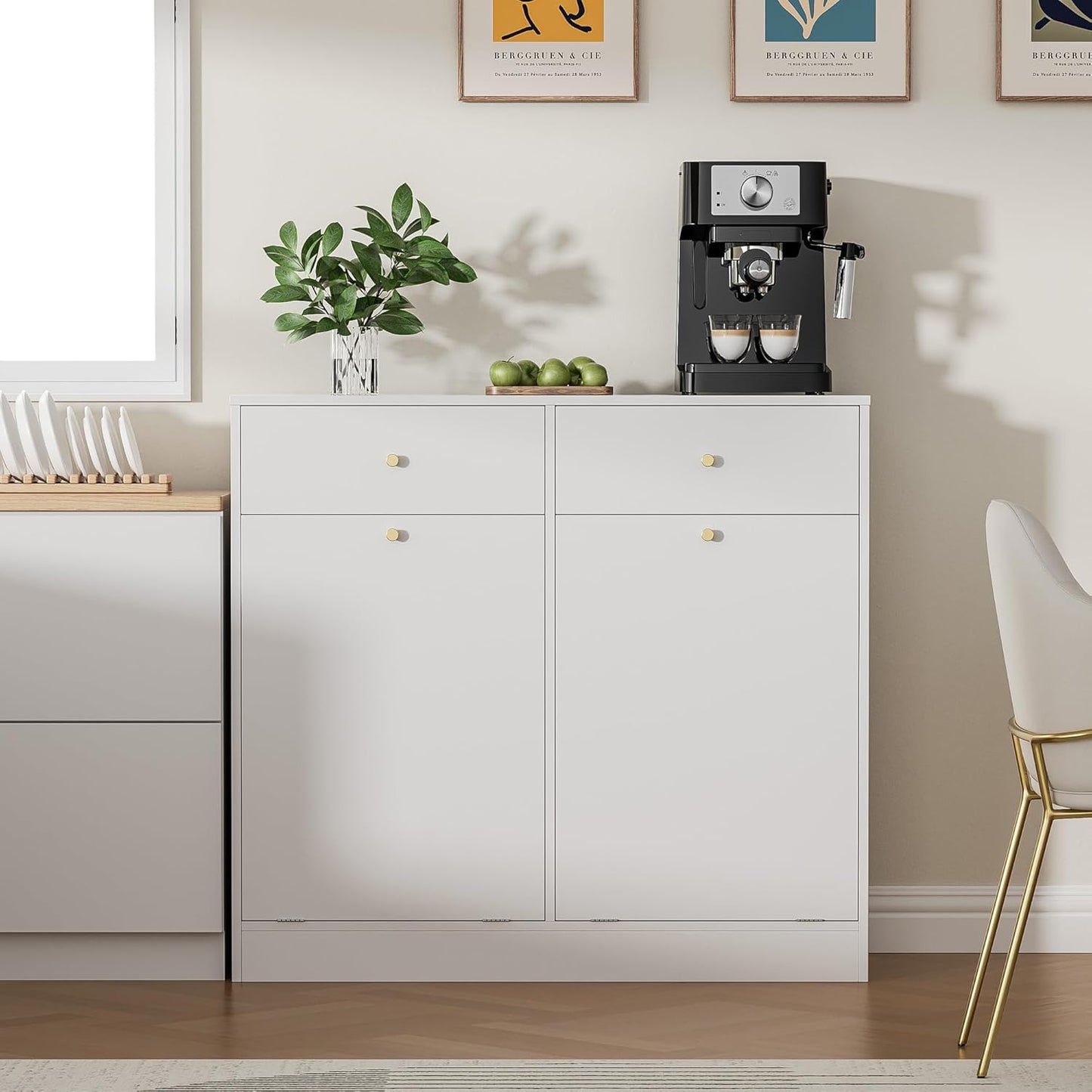 Double Tilt Out Trash Can Cabinet with 2 Drawers, Trash Storage Cabinet, Hidden Garbage Bin, Free