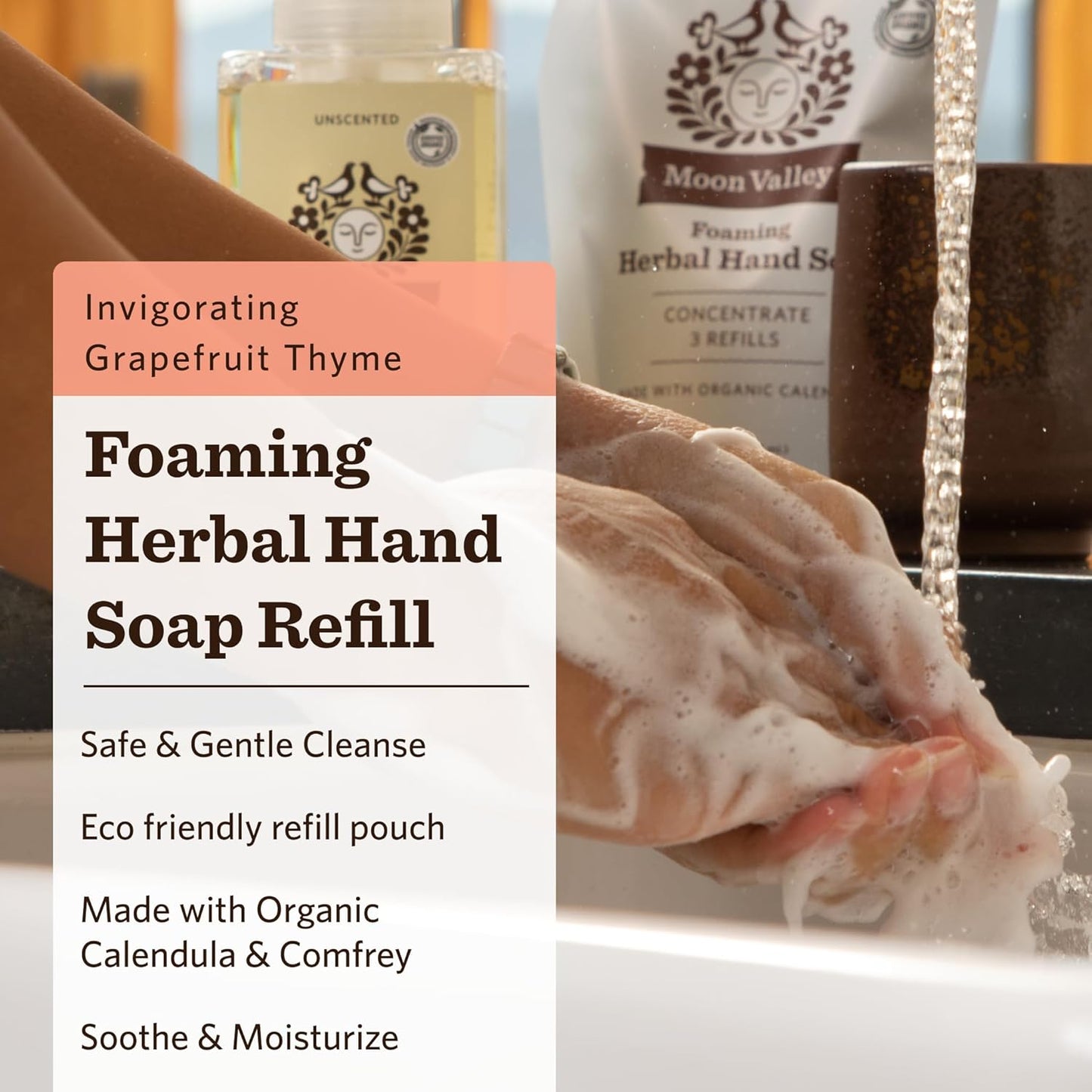 Moon Valley Foaming Hand Soap Refill Pouch, Two-Pack Grapefruit Thyme Soap, Vegan and Non-GMO