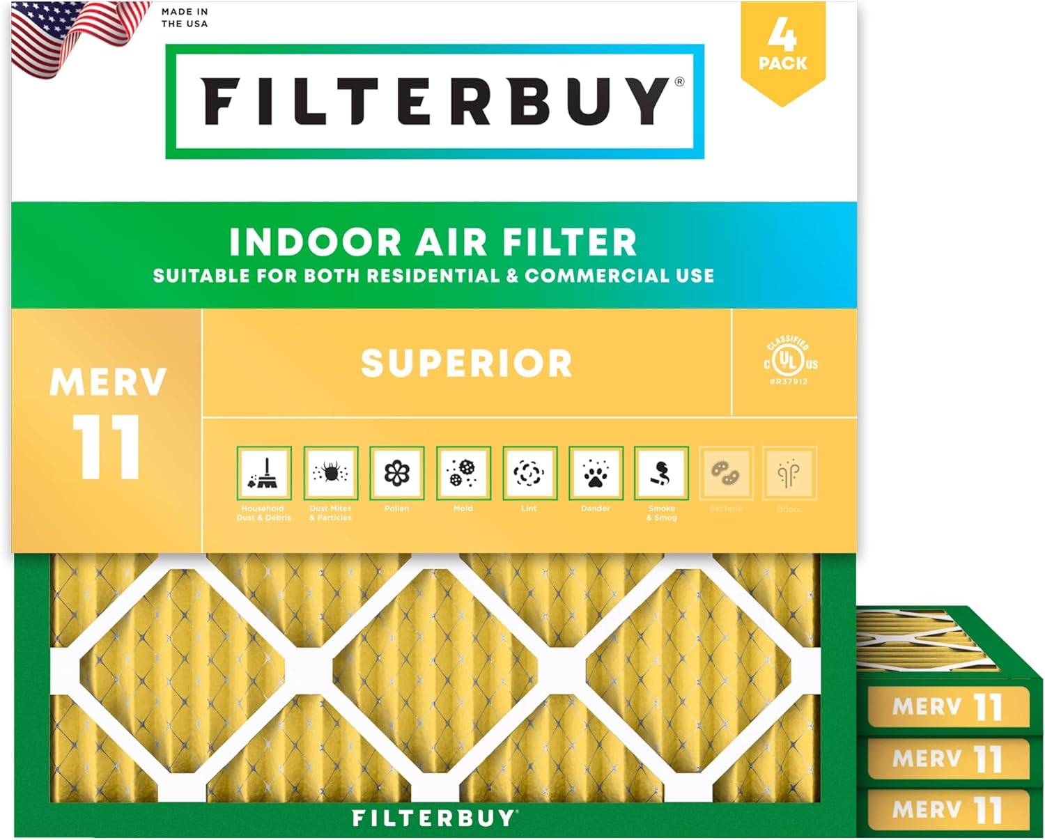 Filterbuy 18x18x1 Air Filter MERV 11 (MPR 1200) Allergen Defense Replacement (4-Pack)