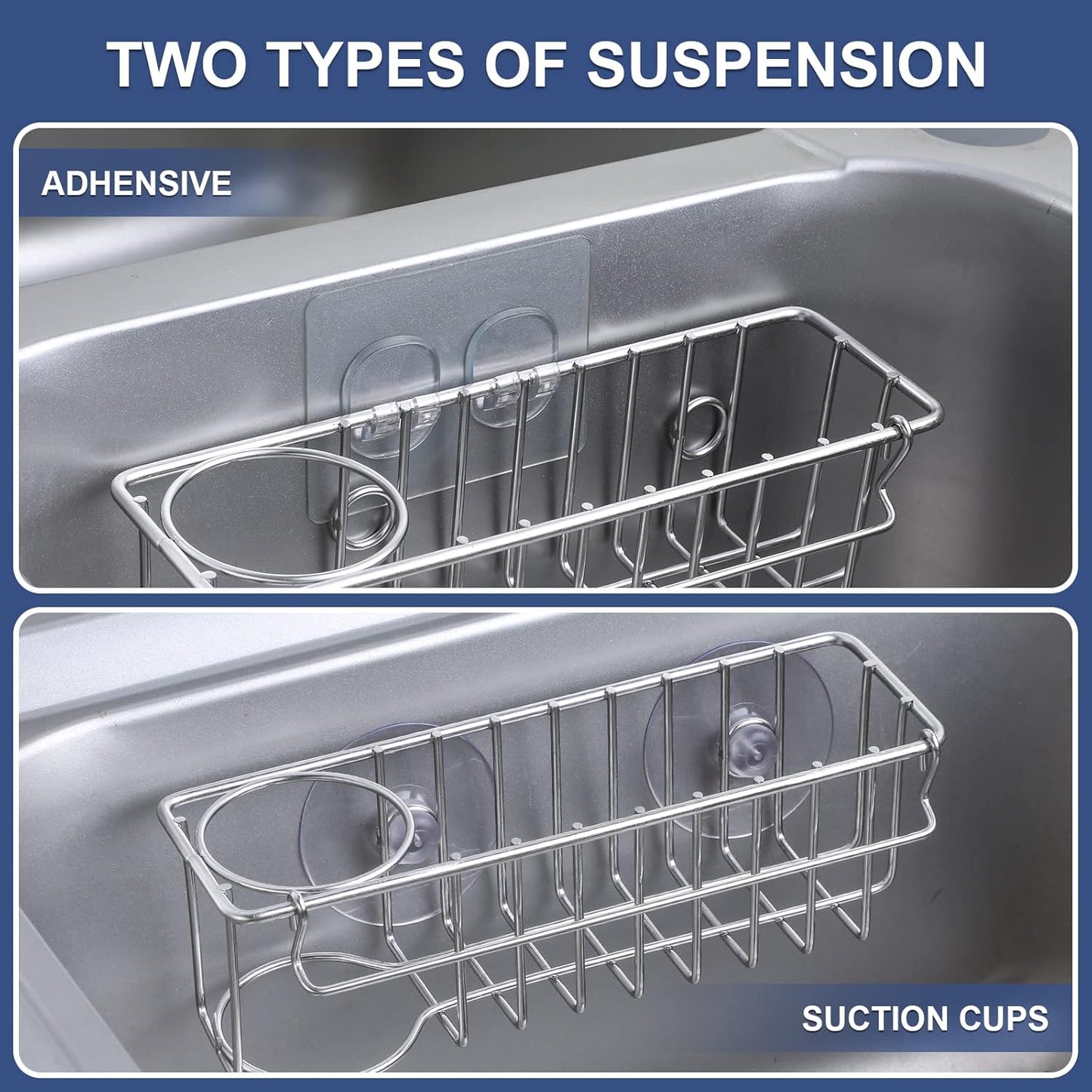 3-In-1 Sponge Holder for Kitchen Sink with Suction Cups & Adhesive Hook, In-sink Sponge Holder