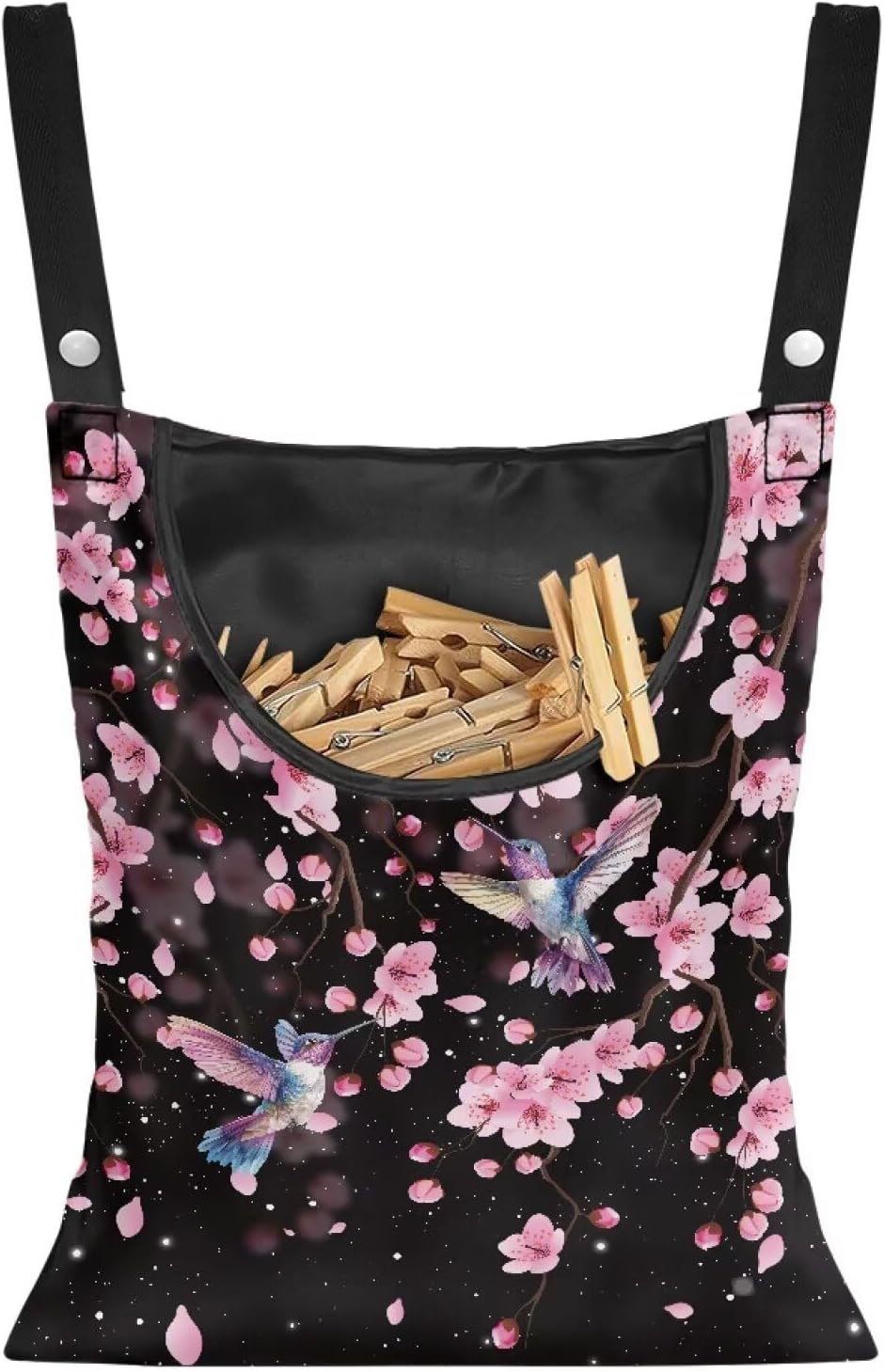 Waterproof Clothespin Bag with Hanger Hook Cherry Blossom Hummingbird - Large Opening Organizer for