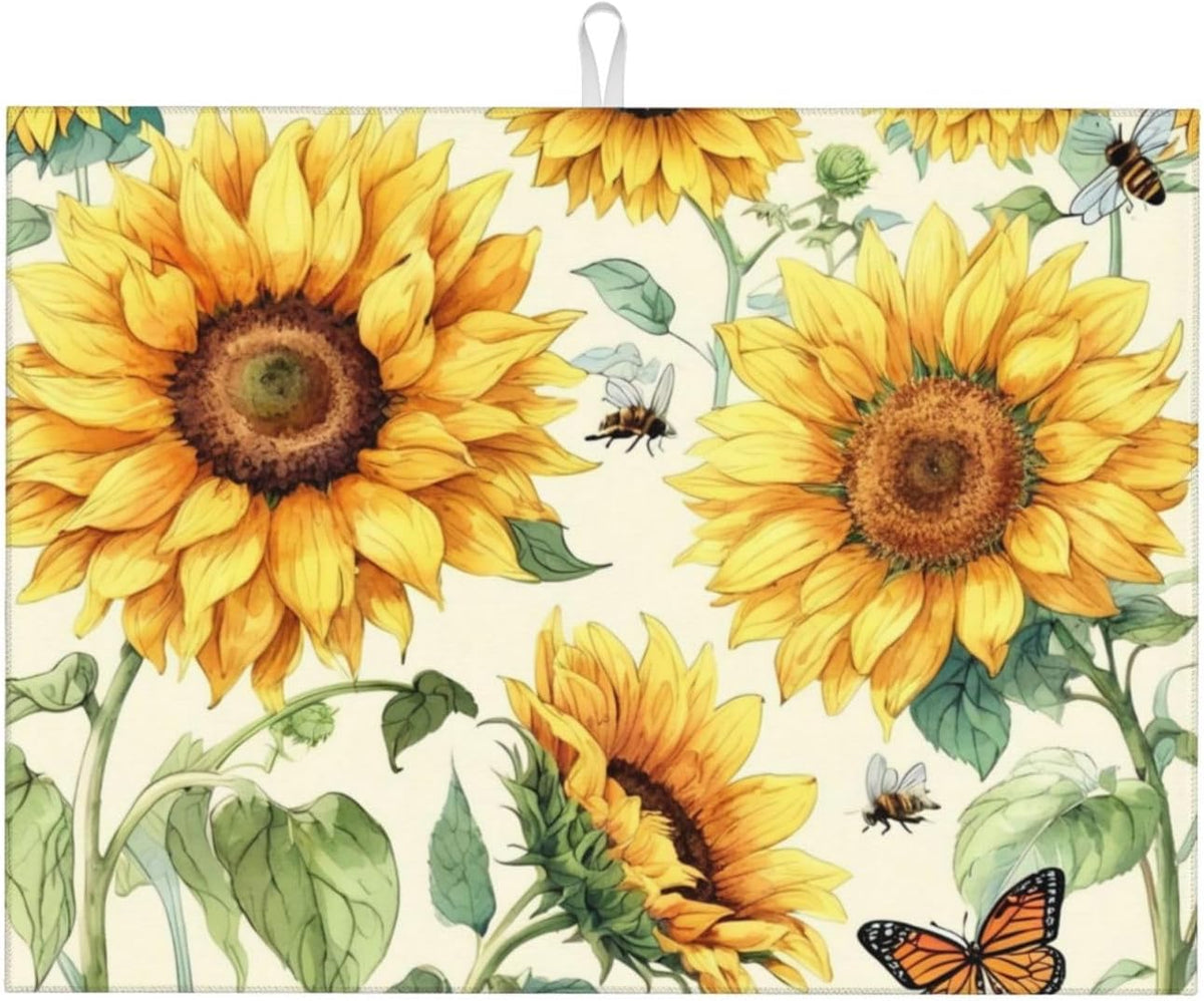 Sunflower Dish Drying Mat Highly Absorbent Double-Sided Microfiber with Hanging Loop Reversible