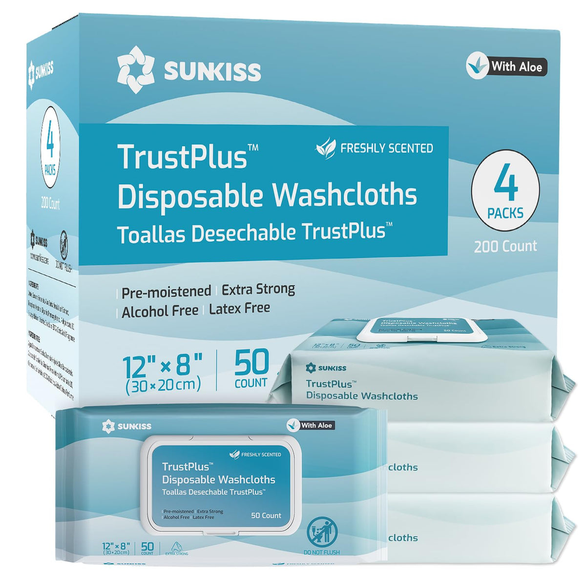 SUNKISS Trustplus Wet Wipes for Adult No Rinse, Extra Large 8”x12” Body Cleaning Washcloths for