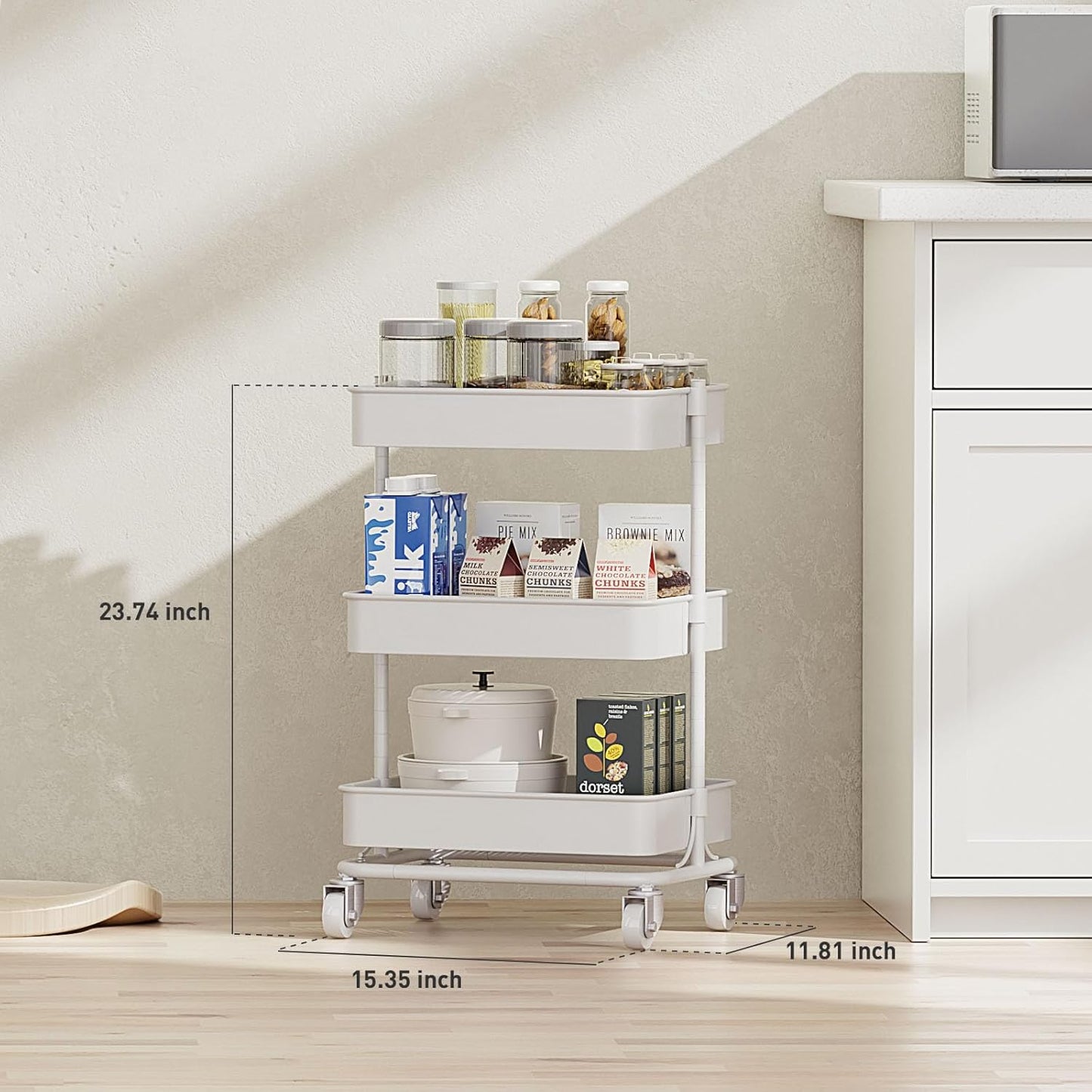 3-Tier Modern Metal Rolling Utility Cart with Silent Casters, 15.35x11.81x23.74 inch Heavy Duty
